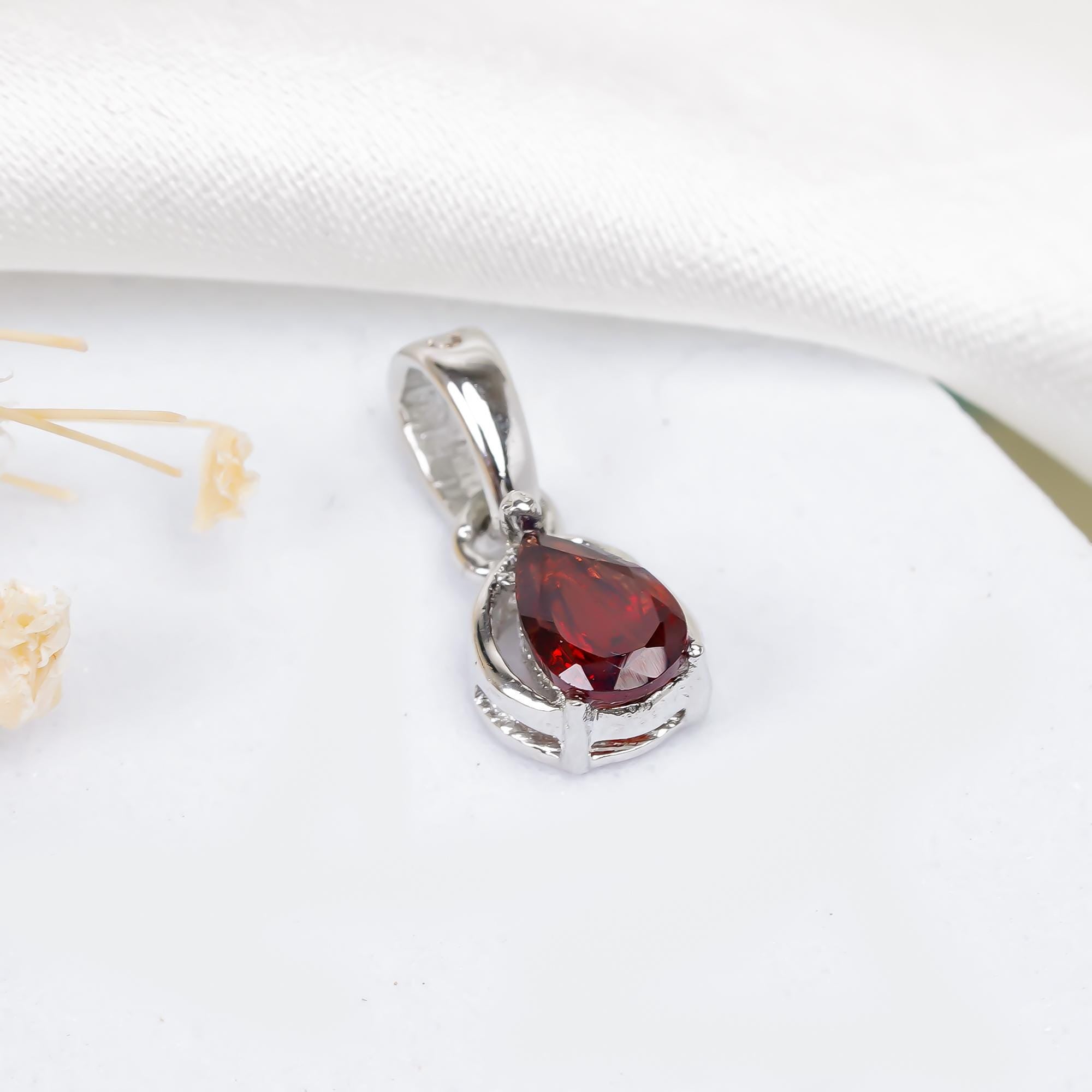 Dainty Garnet Teardrop Pendant: Sterling Silver January Birthstone Necklace