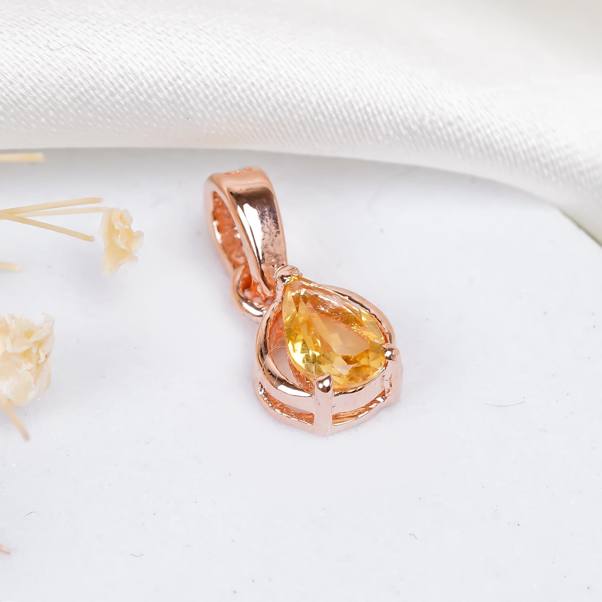 Handmade Citrine Gemstone Pendant: 925 Sterling Silver, Rose Gold Finish