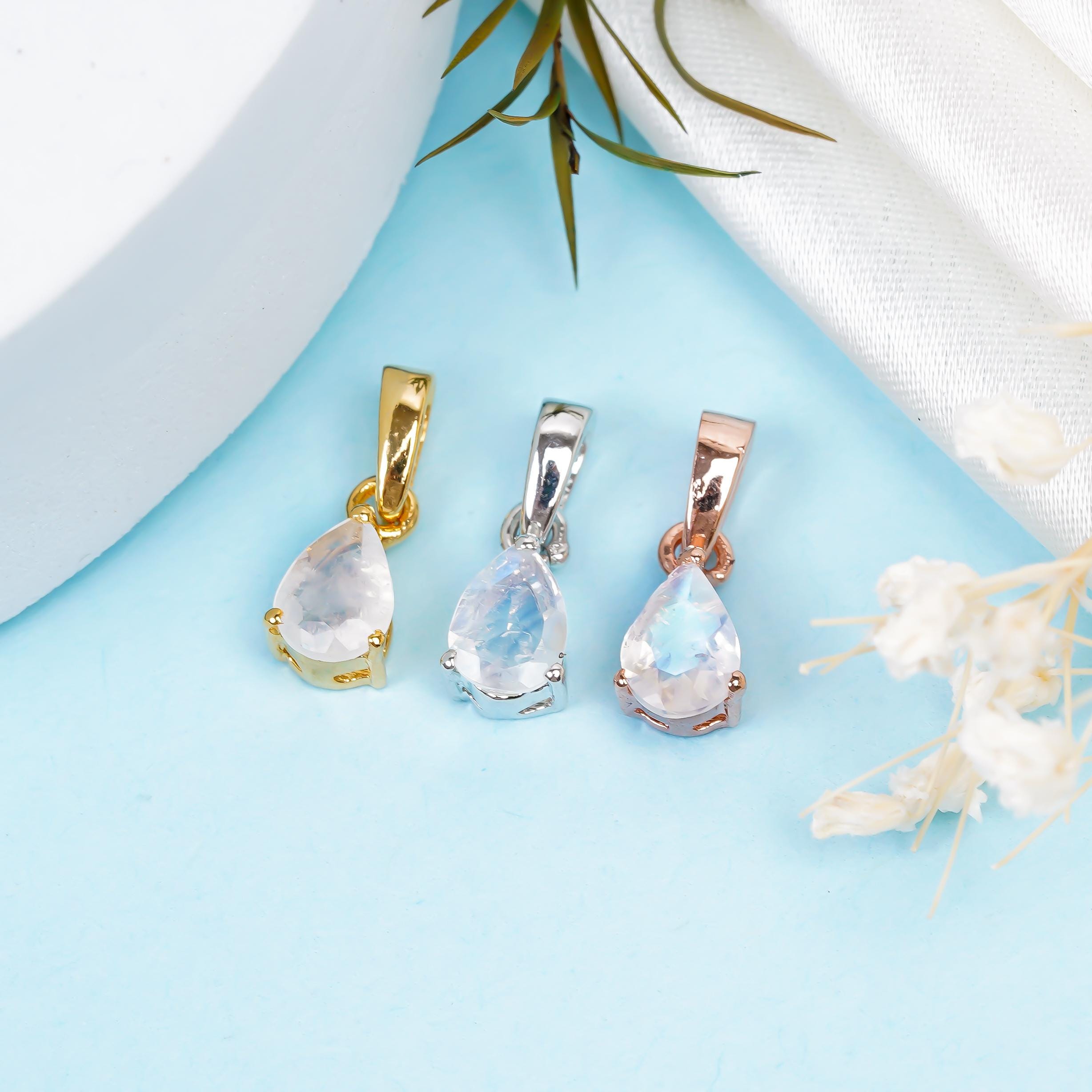 Rainbow Moonstone Pear Pendant: 925 Sterling Silver Handmade Jewelry