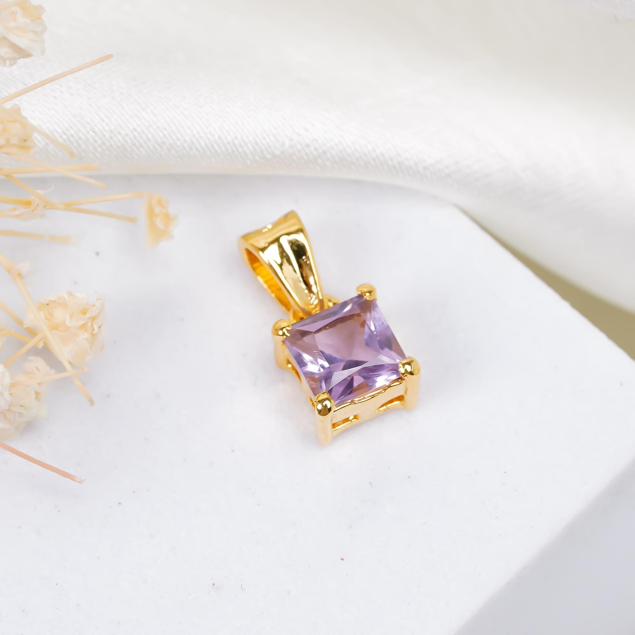 Pink Amethyst Pendant: Square Gemstone, 925 Sterling Silver, Handmade