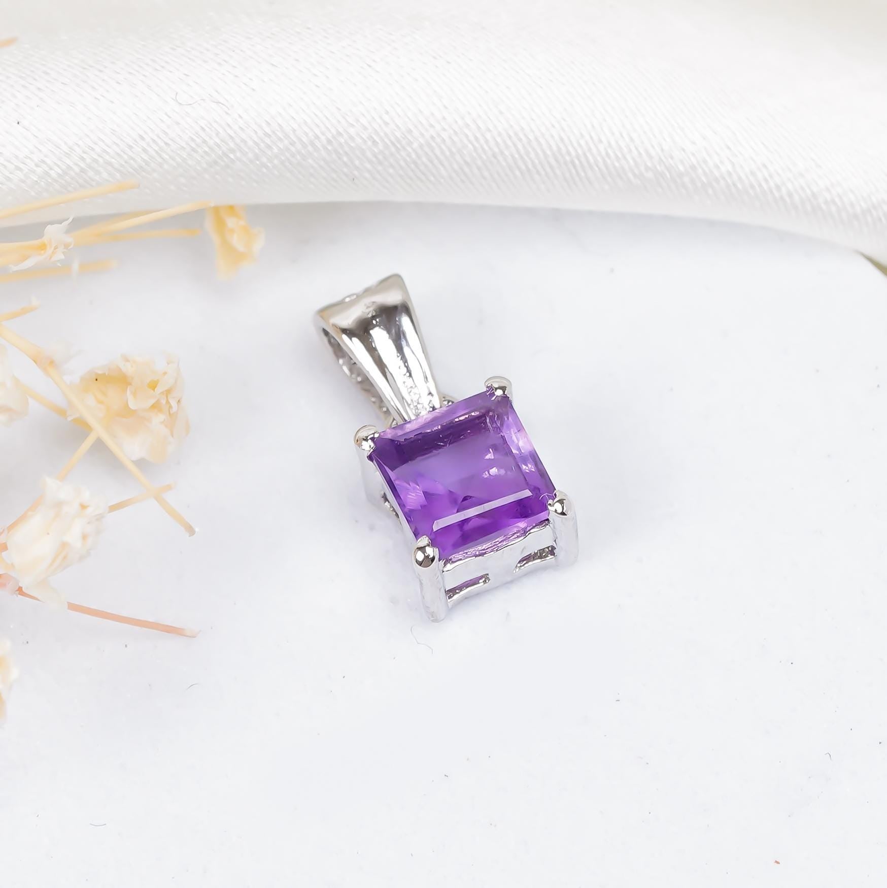 Amethyst Pendant: Square Gemstone, 925 Sterling Silver, February Birthstone