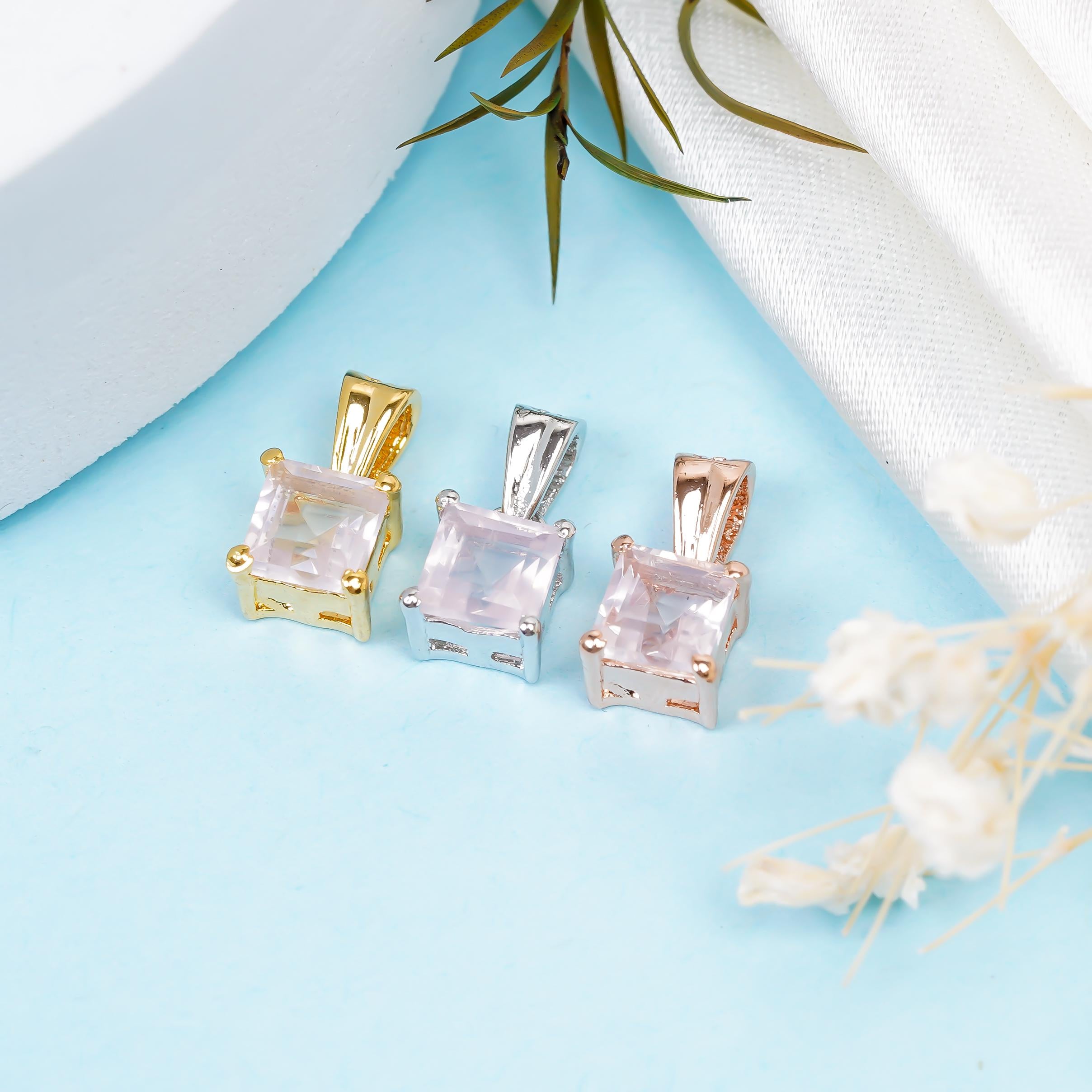 Rose Quartz Gemstone Square Pendant: 925 Sterling Silver, Handmade Jewelry
