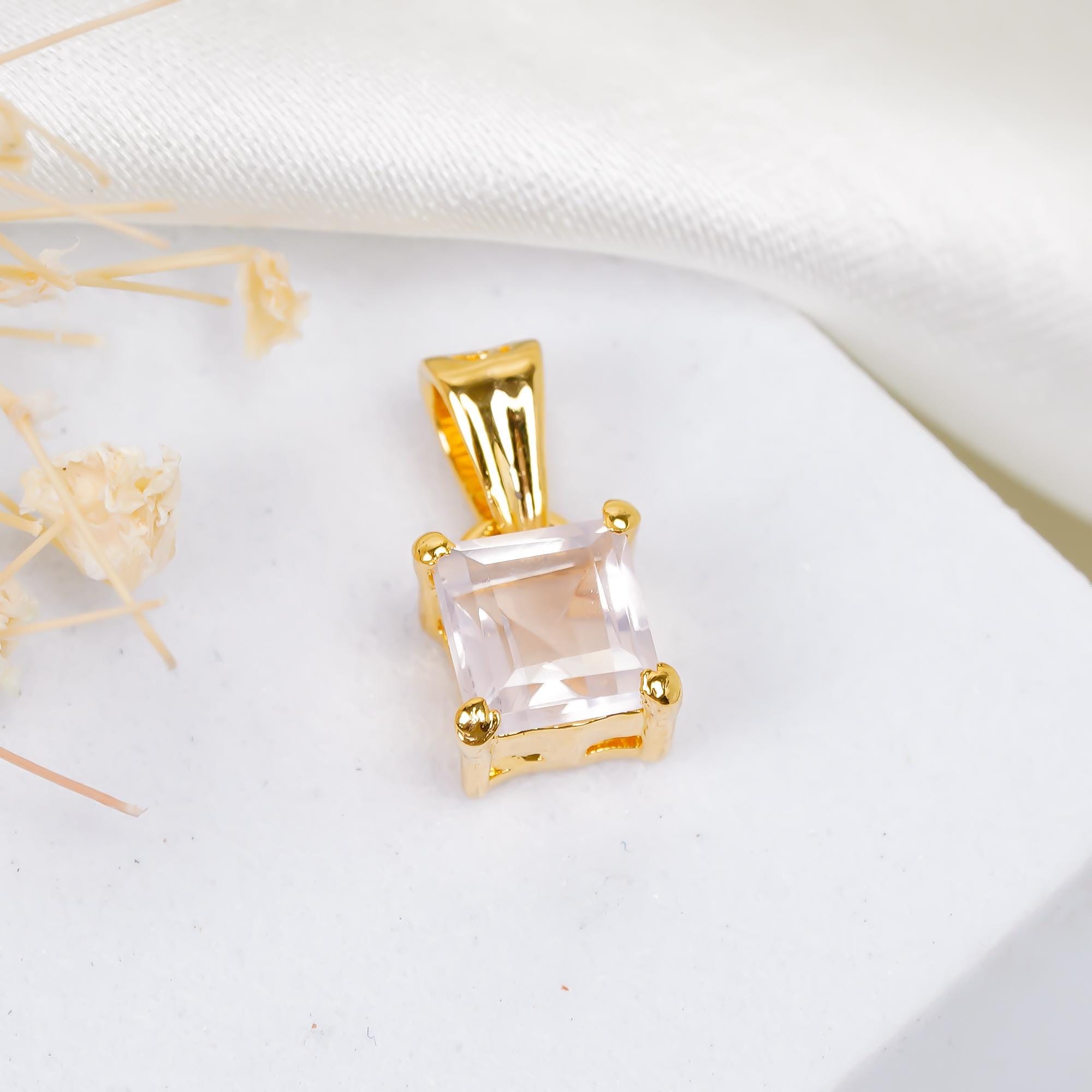 Rose Quartz Gemstone Square Pendant: 925 Sterling Silver, Handmade Jewelry