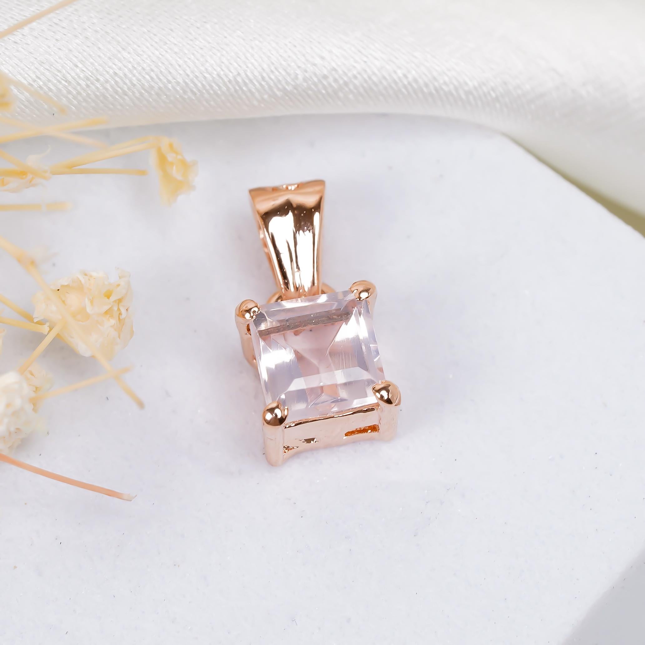 Rose Quartz Gemstone Square Pendant: 925 Sterling Silver, Handmade Jewelry