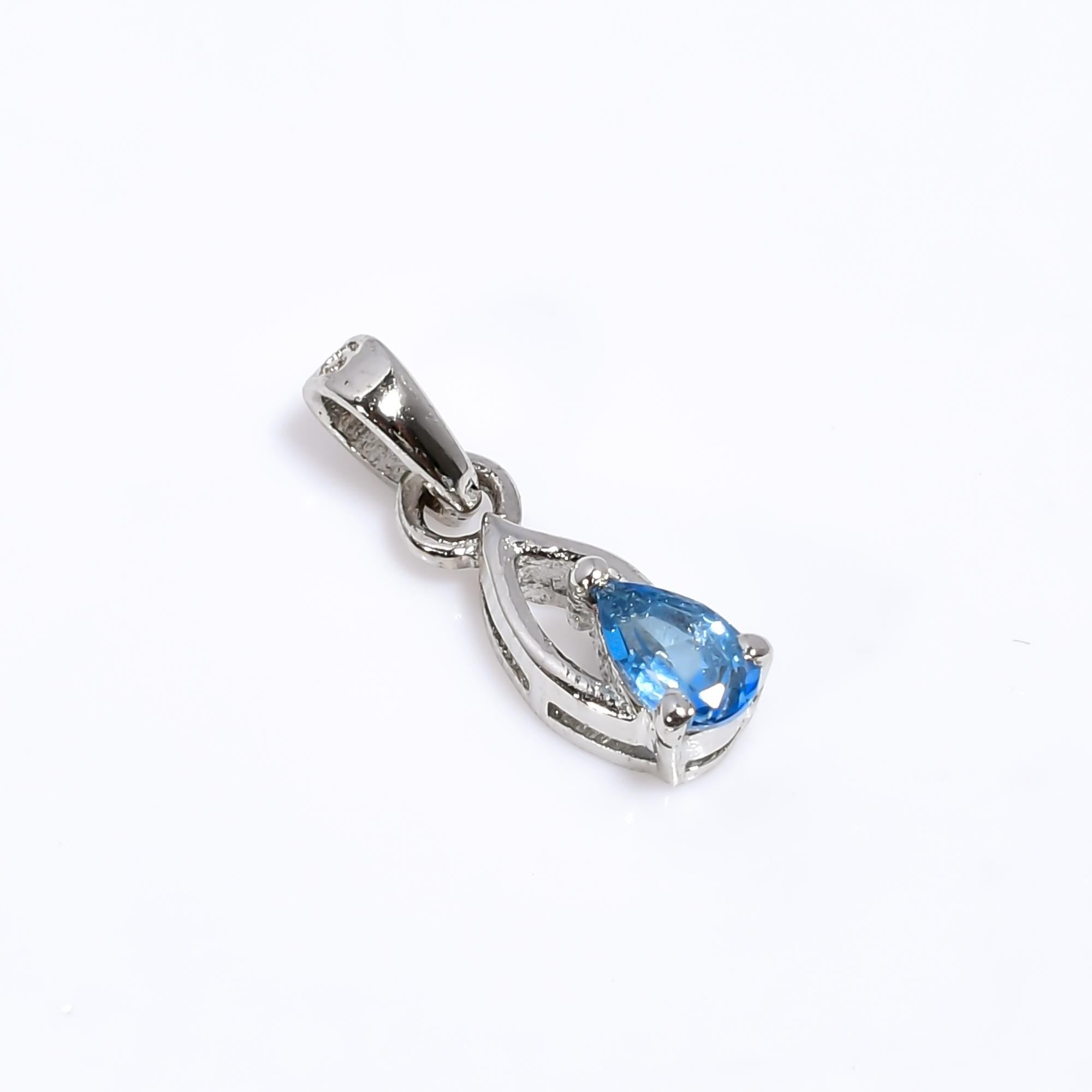 Pear Swiss Blue Topaz Pendant: 925 Sterling Silver, Handmade