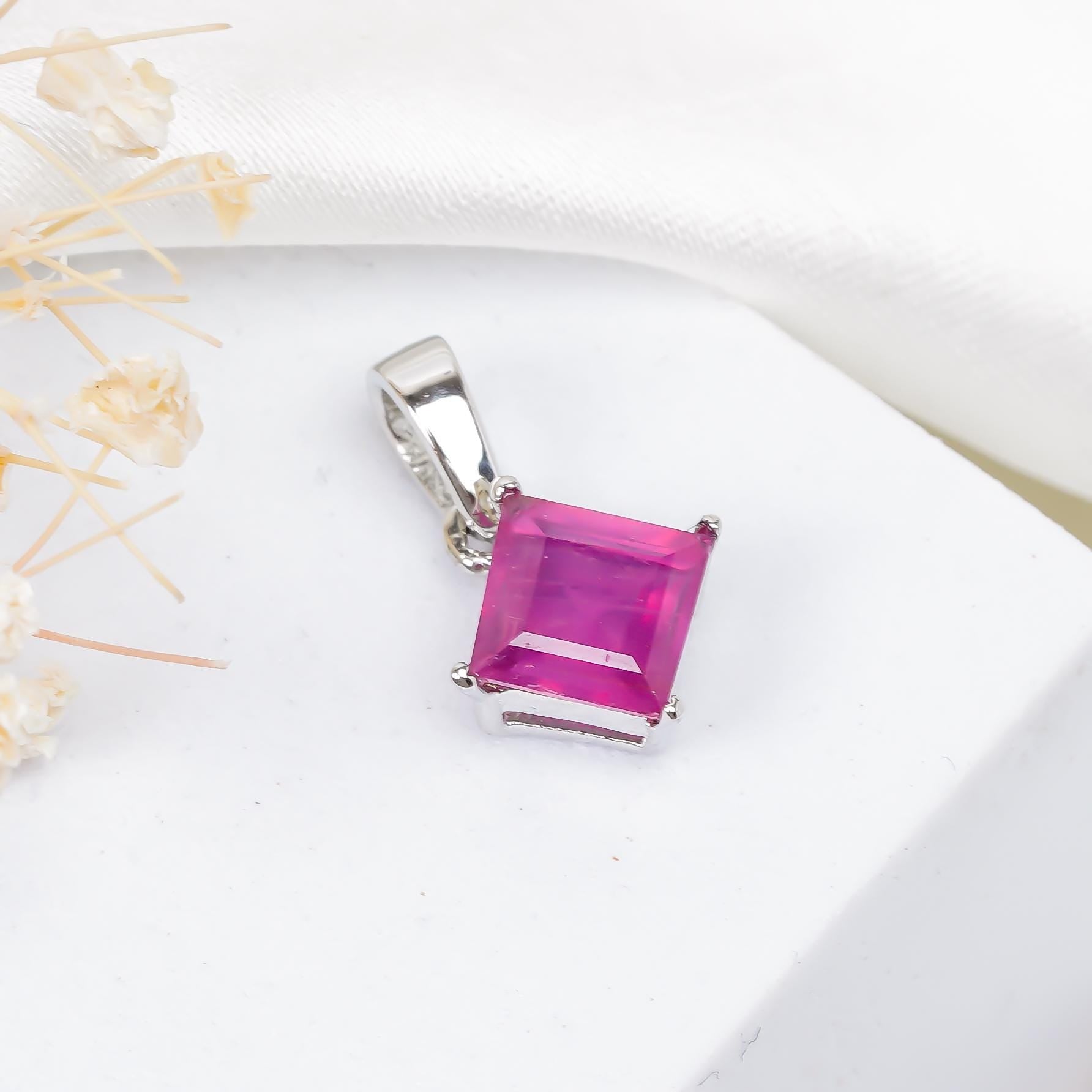 Natural Ruby Pendant: Vintage 925 Sterling Silver, 6mm Square