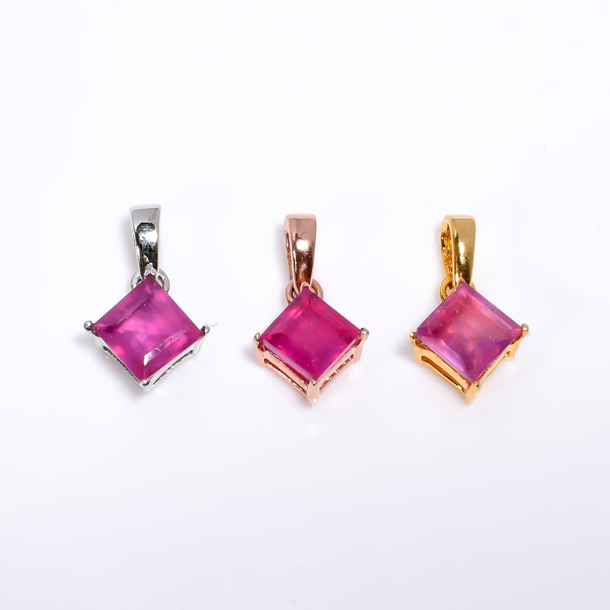 Natural Ruby Pendant: Vintage 925 Sterling Silver, 6mm Square