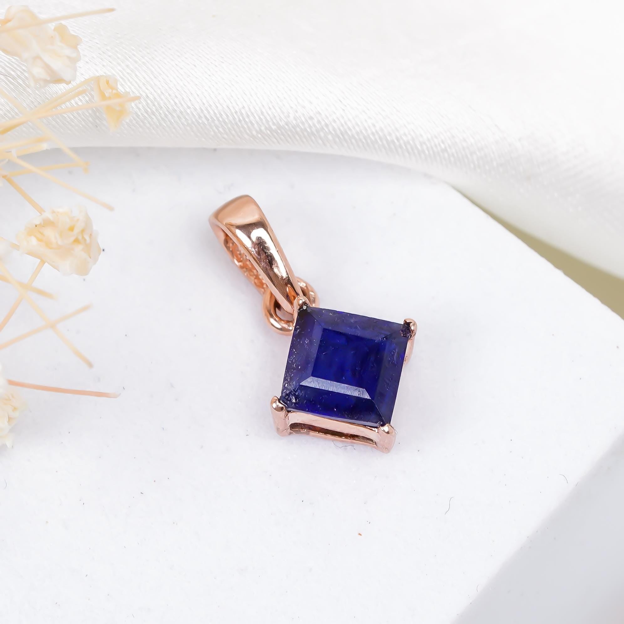 Blue Sapphire Pendant: Square Gemstone, 925 Sterling Silver, Handmade Jewelry