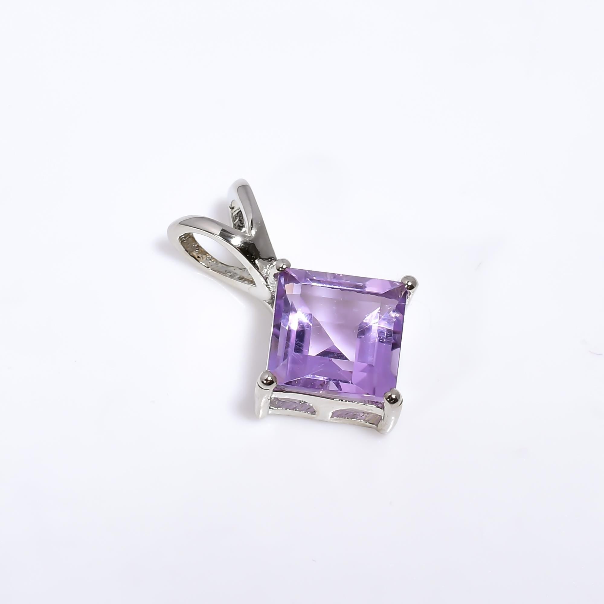 Square Amethyst Pendant: 925 Silver Birthstone Jewelry, 8mm Cut Stone