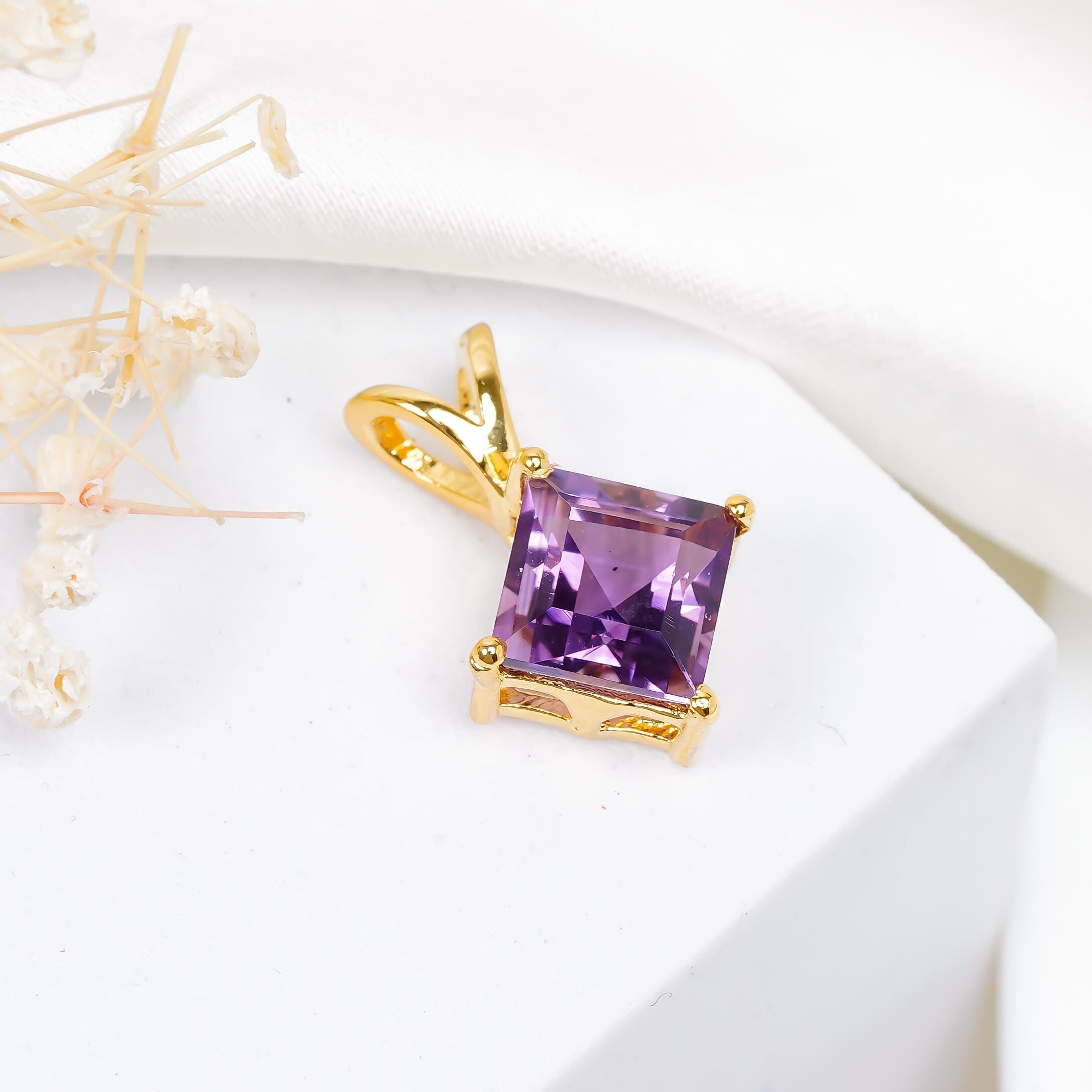 Square Amethyst Pendant: 925 Silver Birthstone Jewelry, 8mm Cut Stone