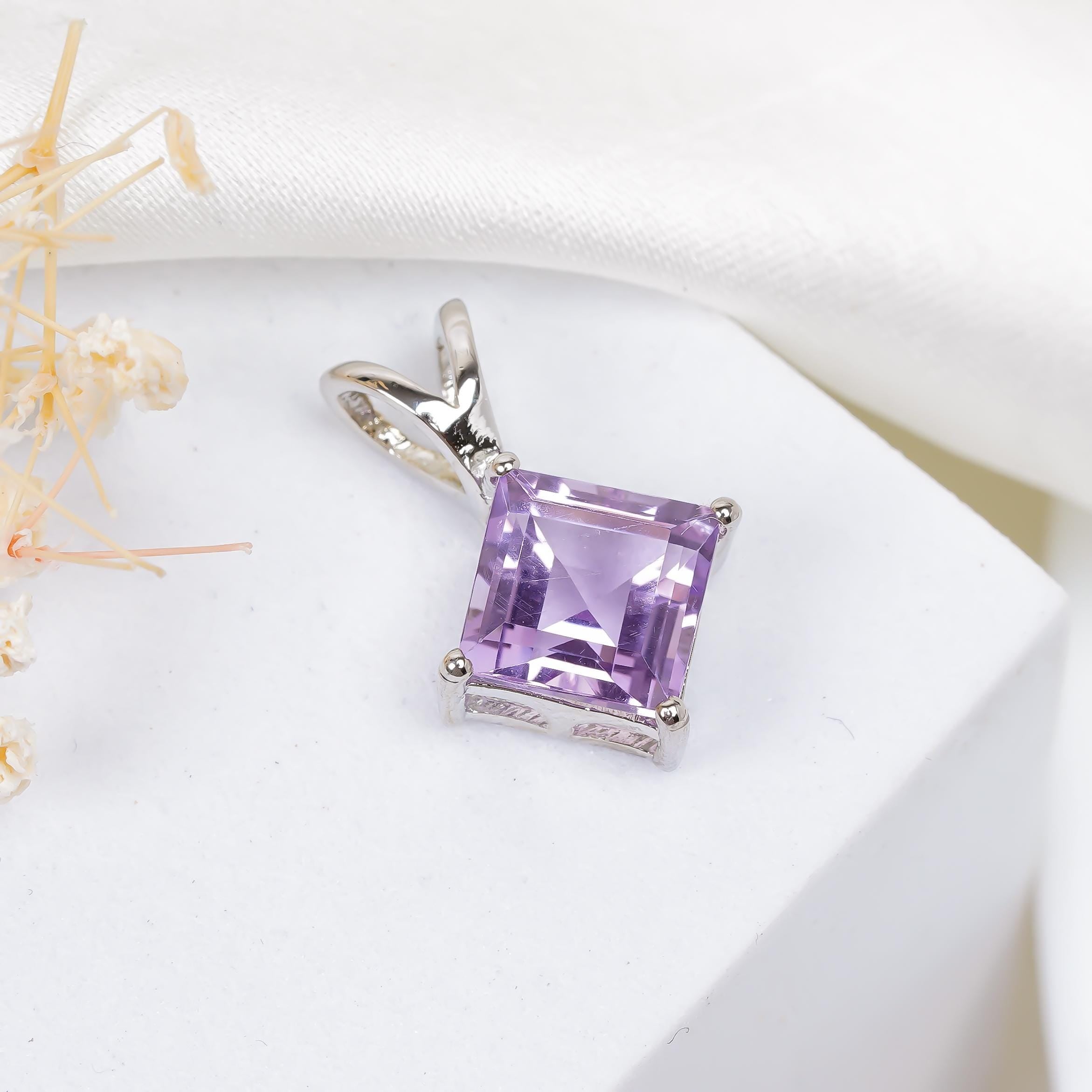 Square Amethyst Pendant: 925 Silver Birthstone Jewelry, 8mm Cut Stone