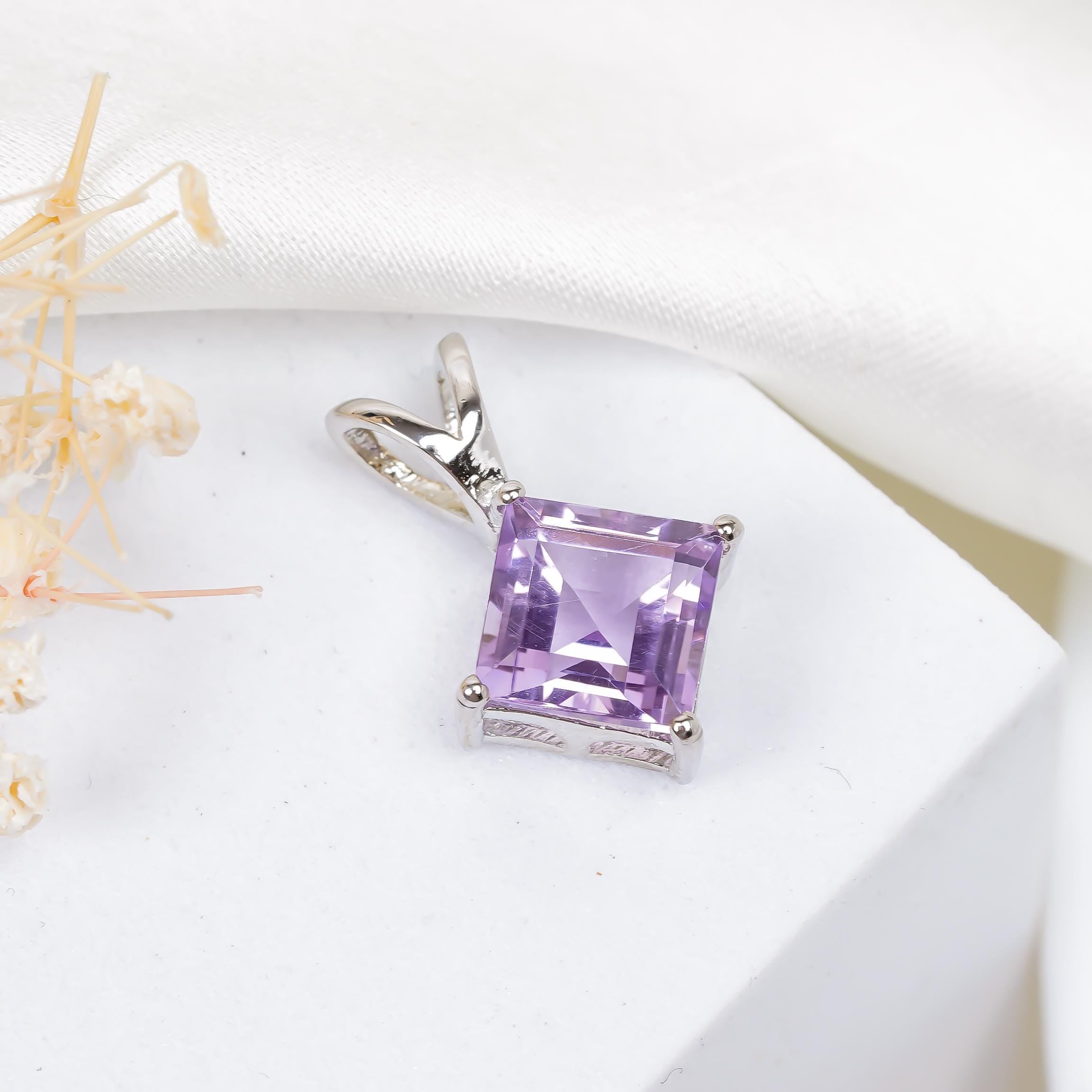 Square Amethyst Pendant: 925 Silver Birthstone Jewelry, 8mm Cut Stone
