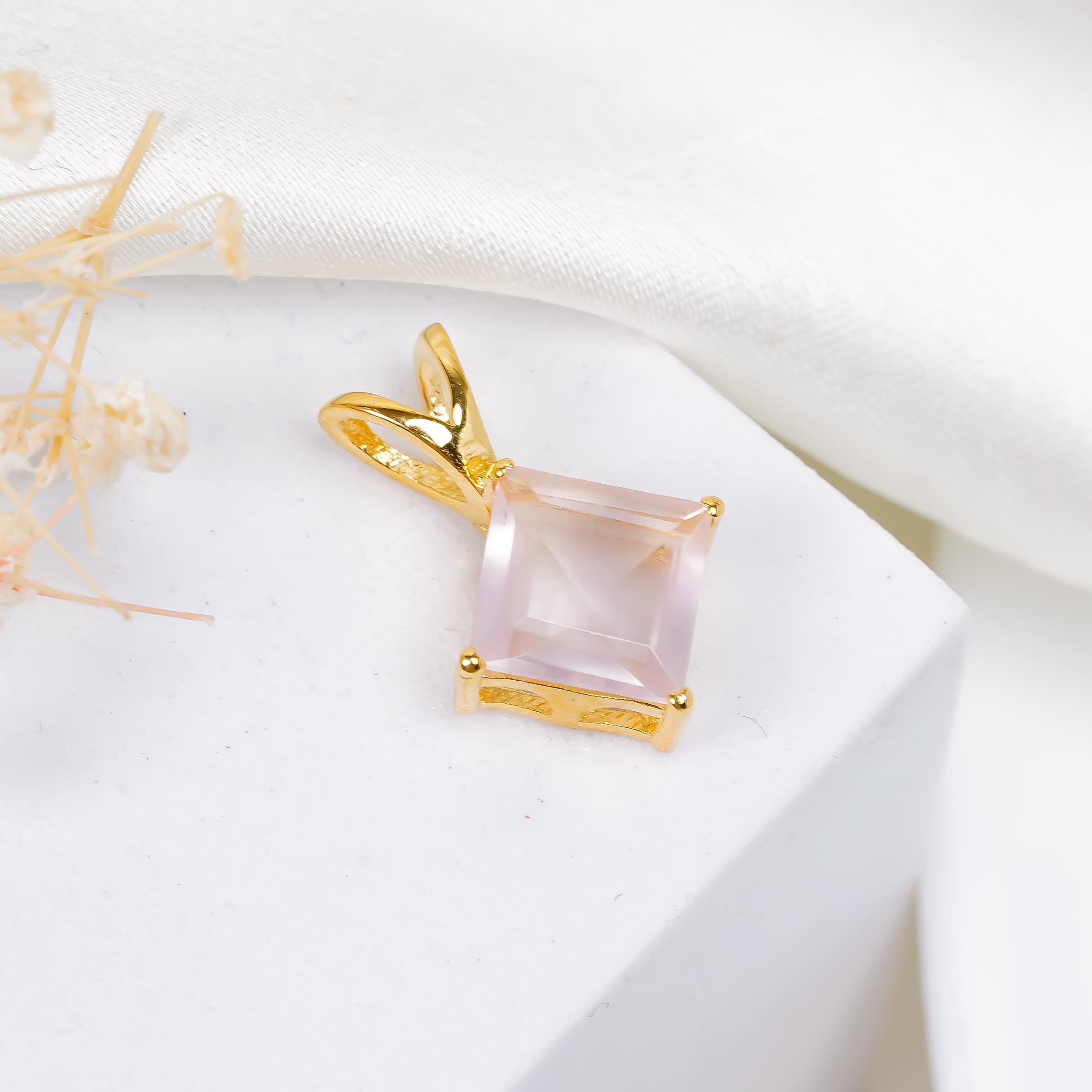 Handmade 8mm Square Rose Quartz 925 Sterling Silver Pendant