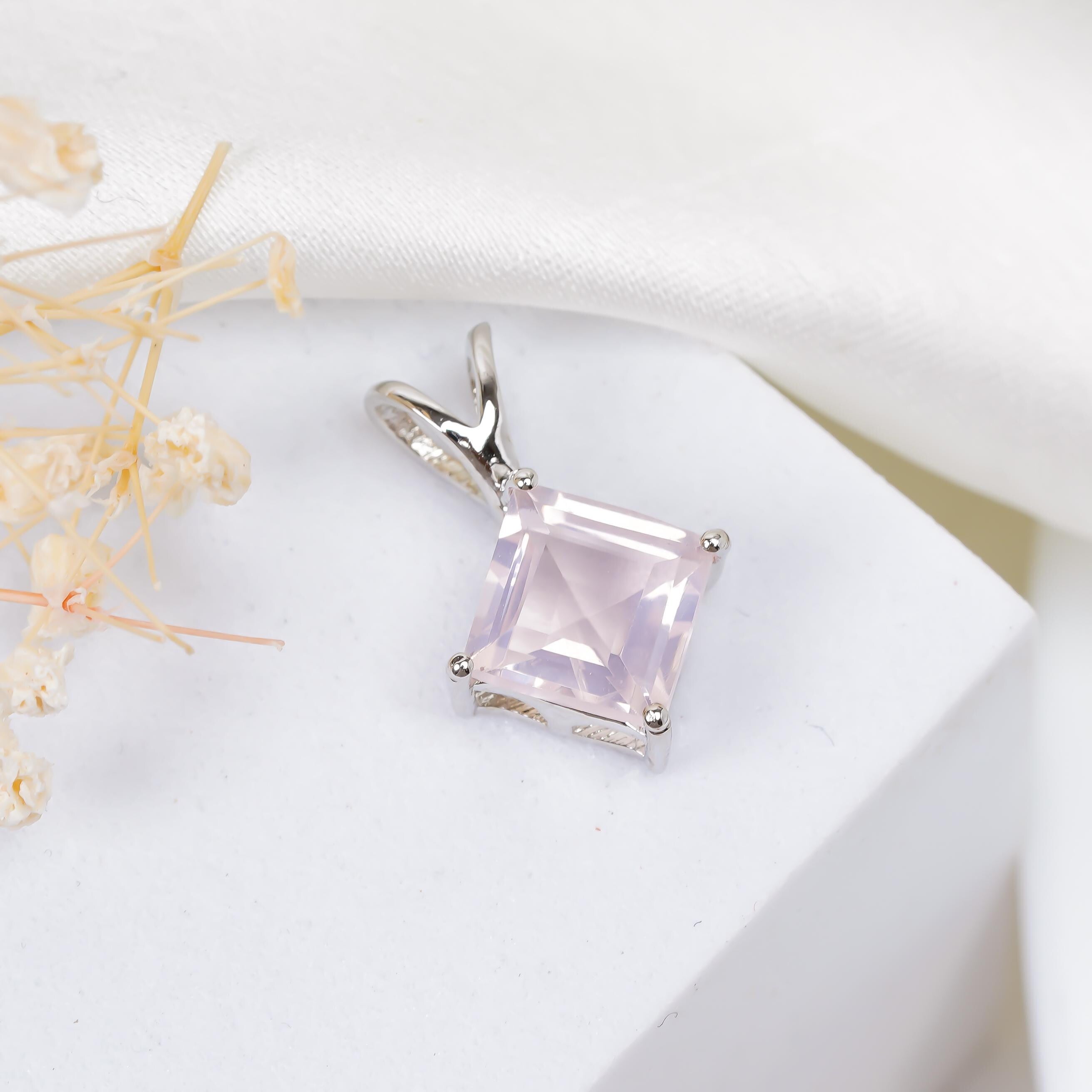 Handmade 8mm Square Rose Quartz 925 Sterling Silver Pendant