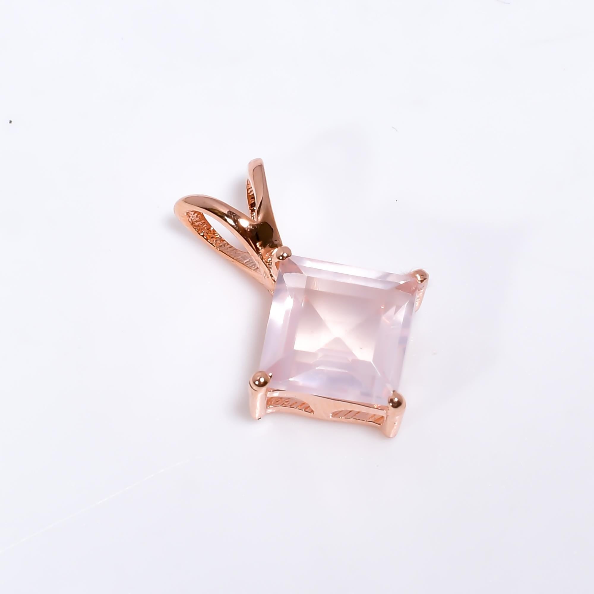 Handmade 8mm Square Rose Quartz 925 Sterling Silver Pendant