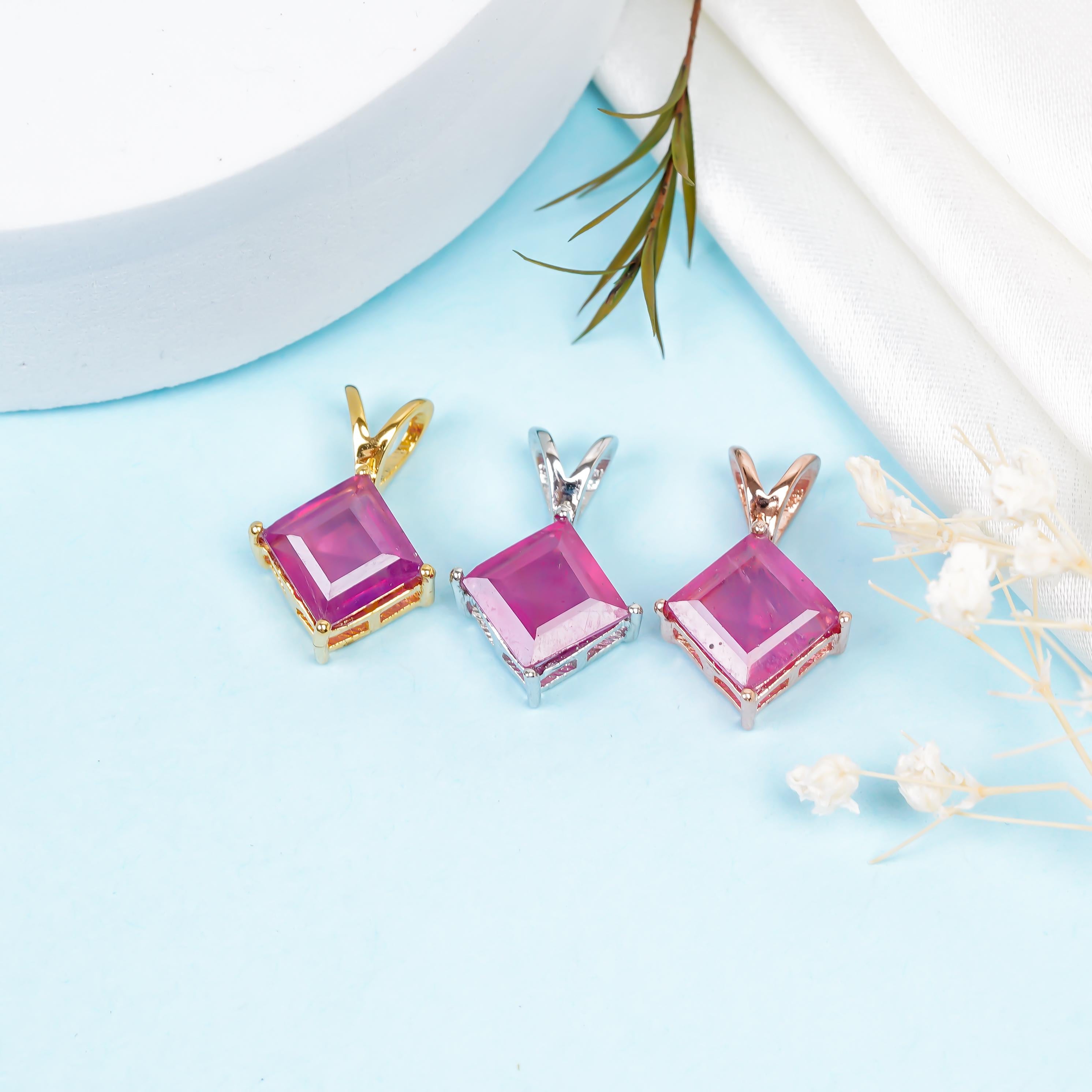 Faceted Ruby 925 Sterling Silver Pendant: Handmade Square Gemstone