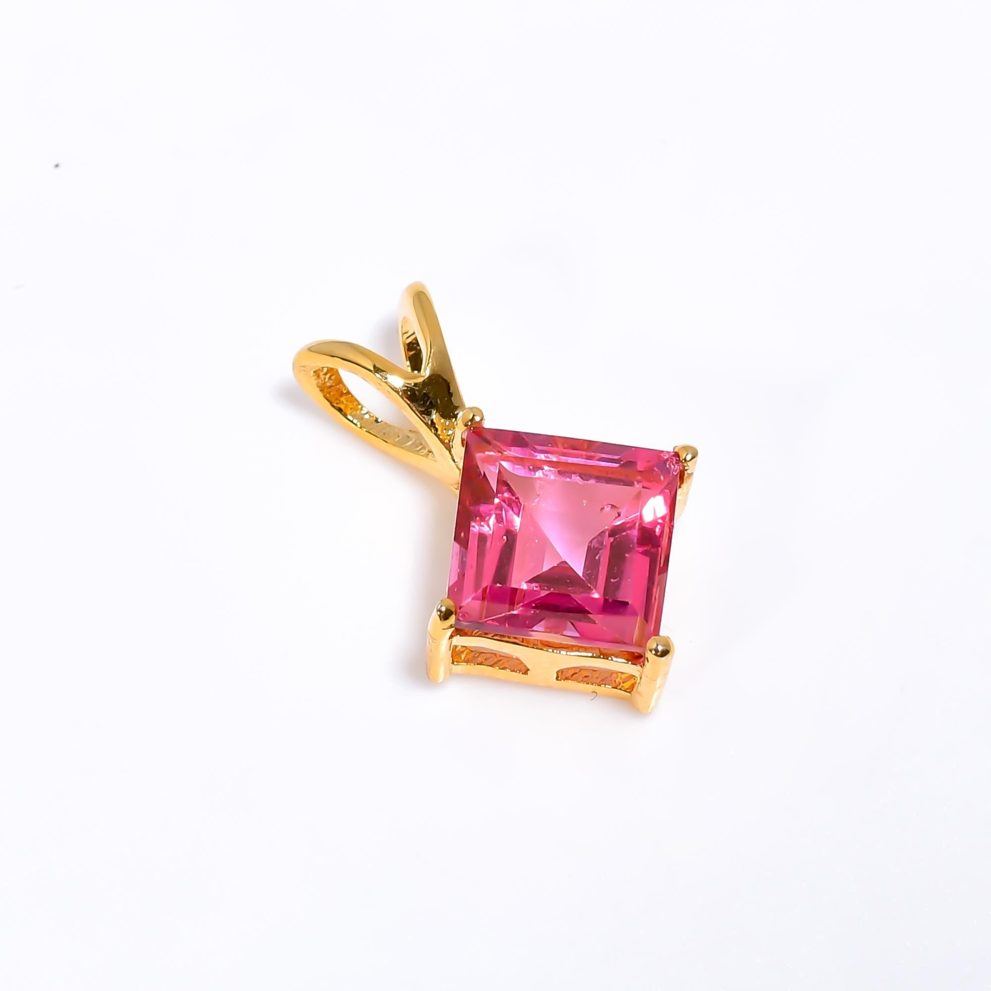 Handmade Pink Topaz Pendant: Square Faceted 925 Silver Jewelry