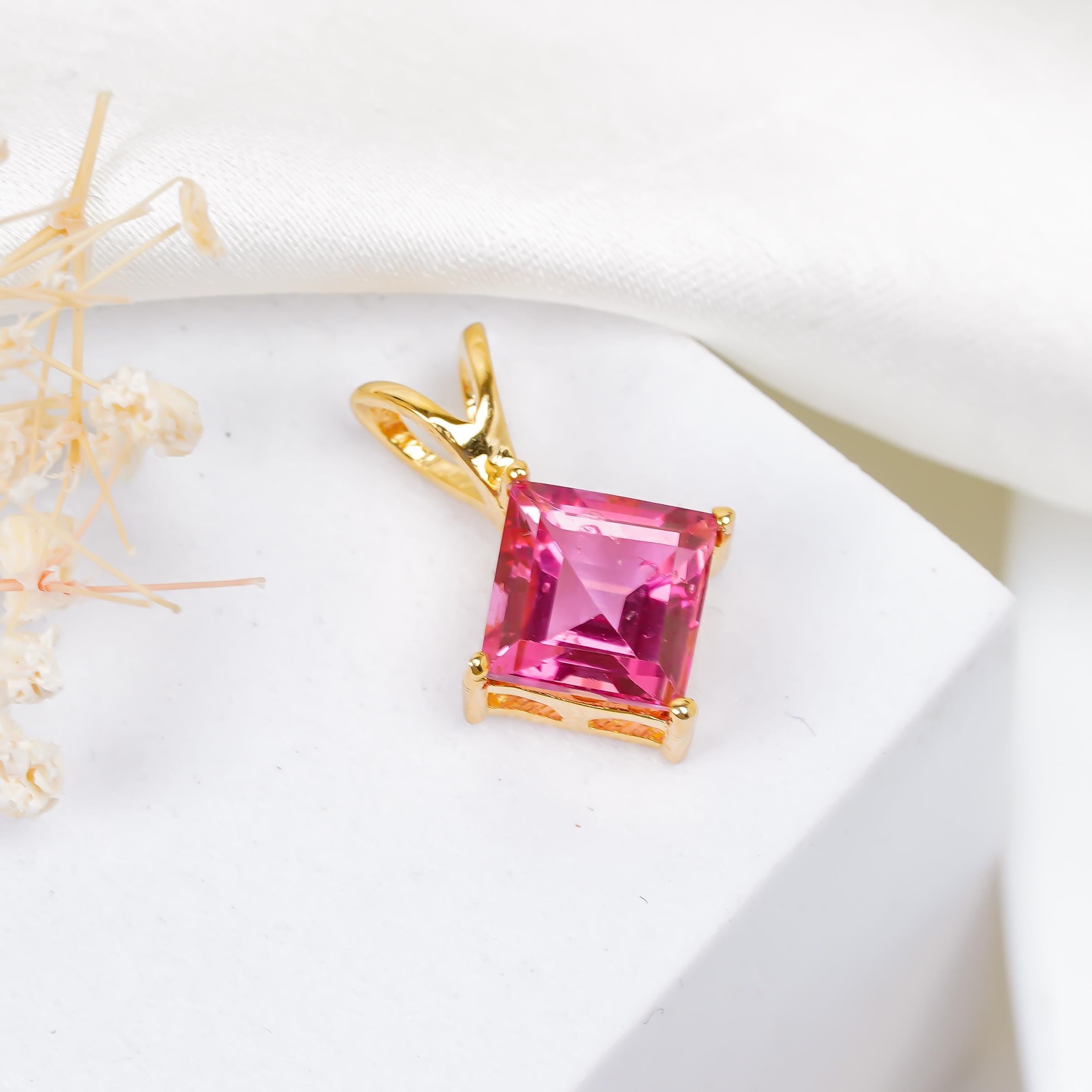 Handmade Pink Topaz Pendant: Square Faceted 925 Silver Jewelry