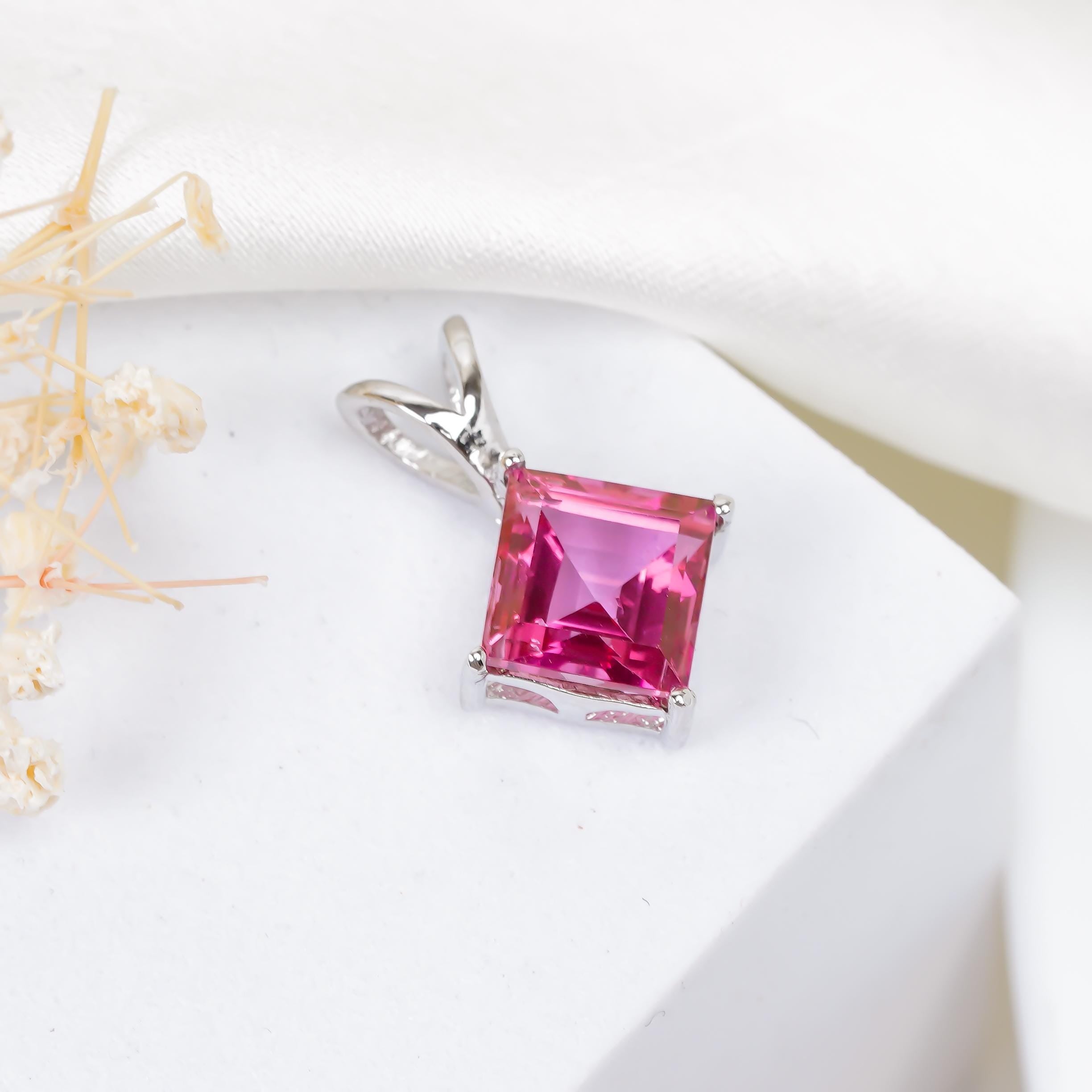 Handmade Pink Topaz Pendant: Square Faceted 925 Silver Jewelry