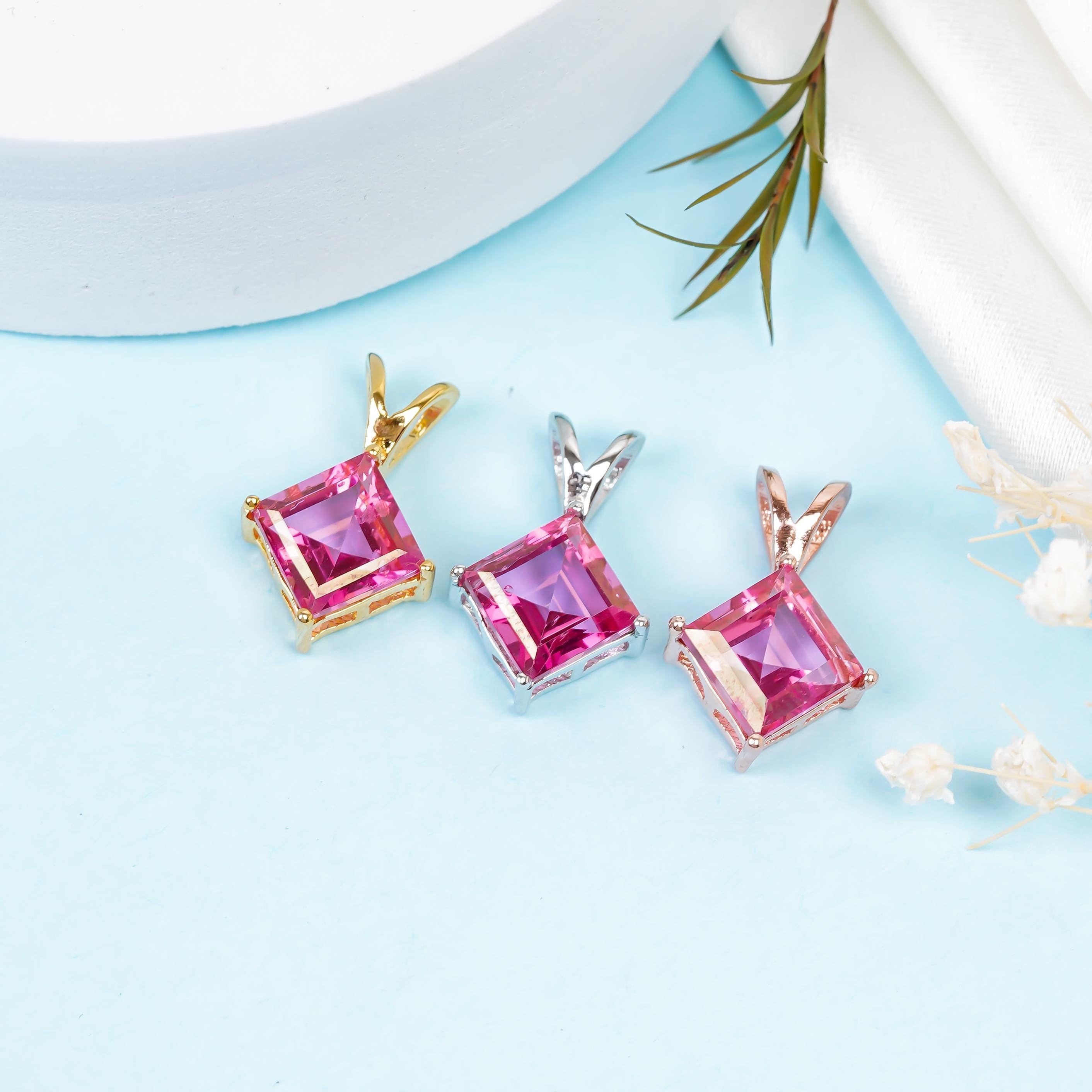 Handmade Pink Topaz Pendant: Square Faceted 925 Silver Jewelry