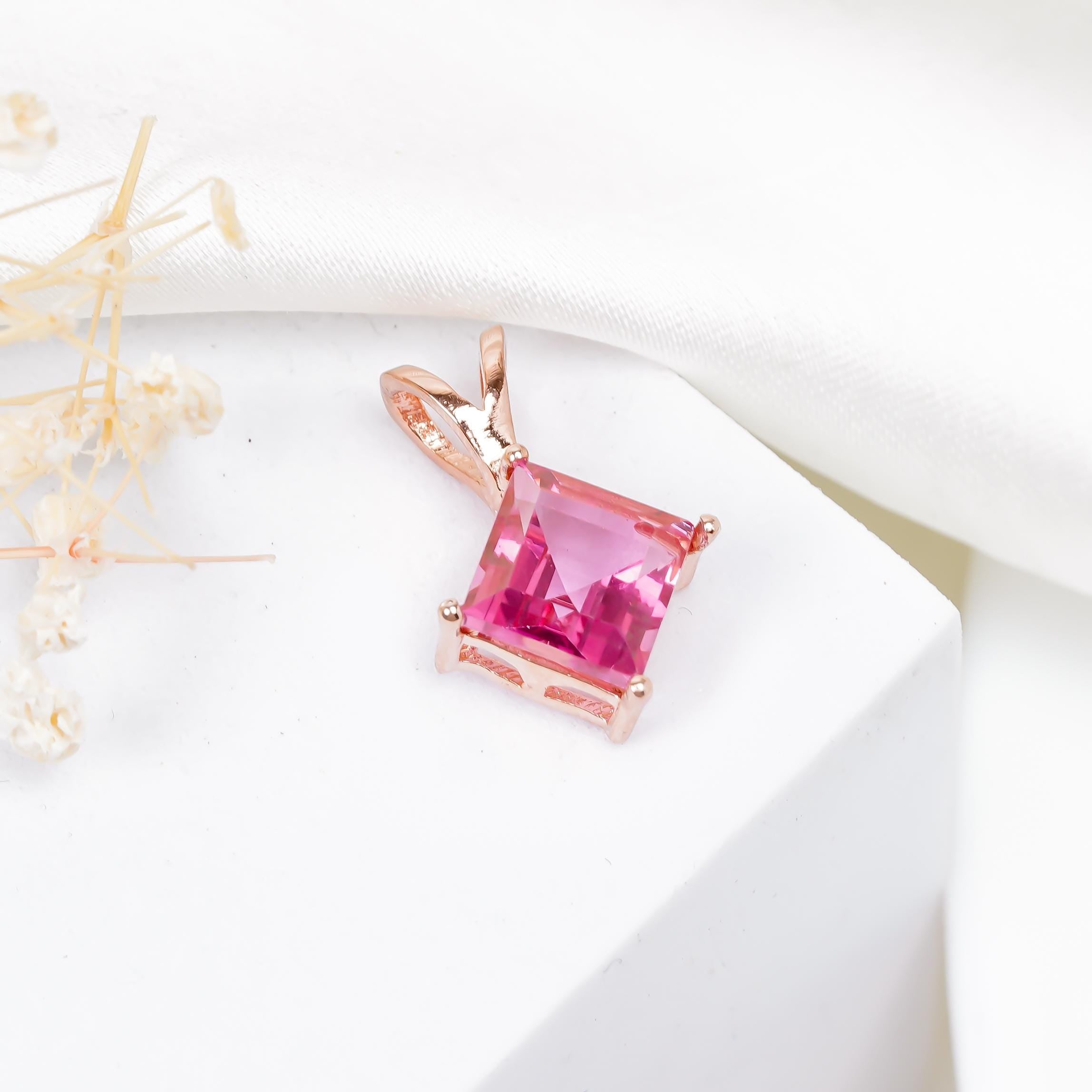 Handmade Pink Topaz Pendant: Square Faceted 925 Silver Jewelry