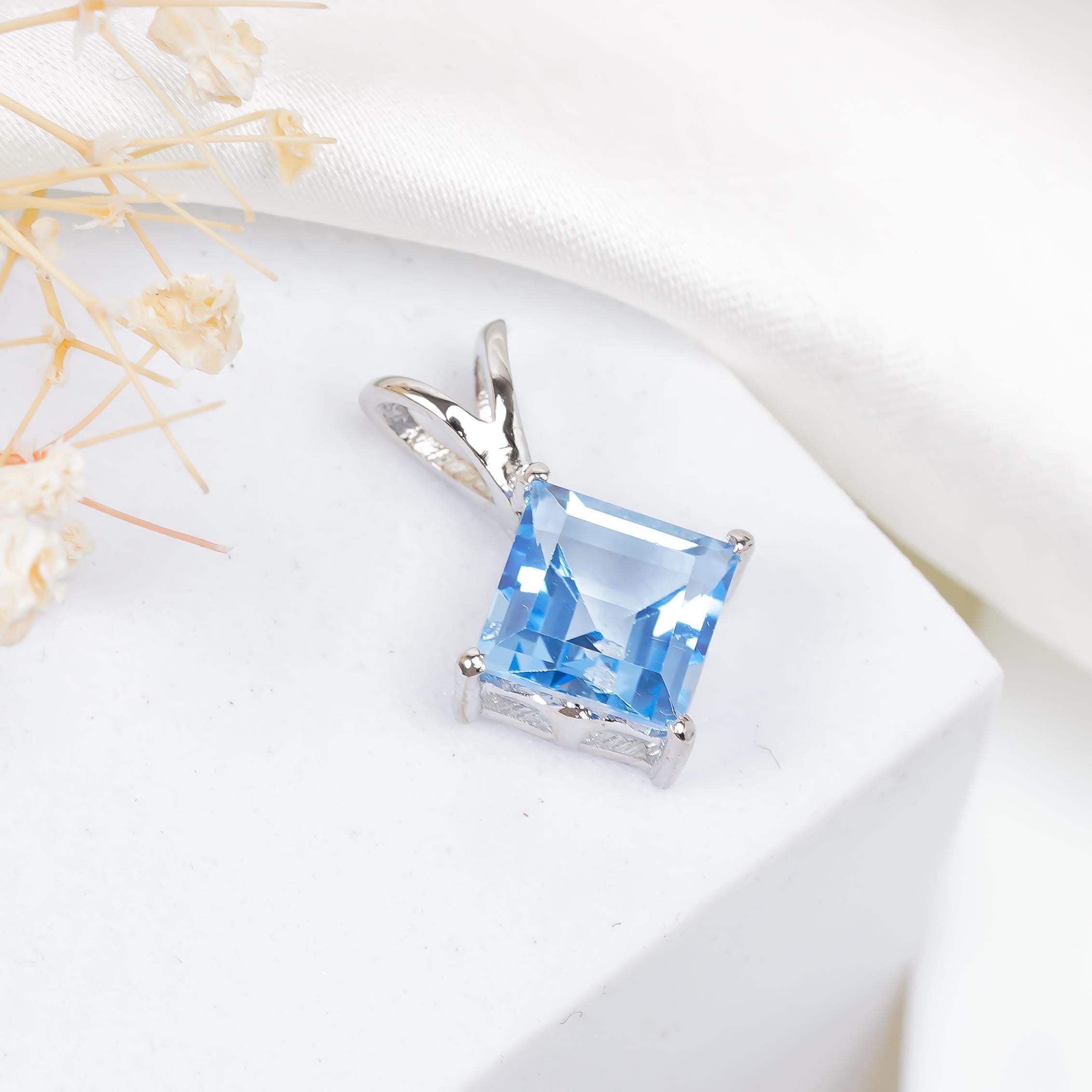 Sterling Silver Blue Topaz Pendant: Square Gemstone Jewelry