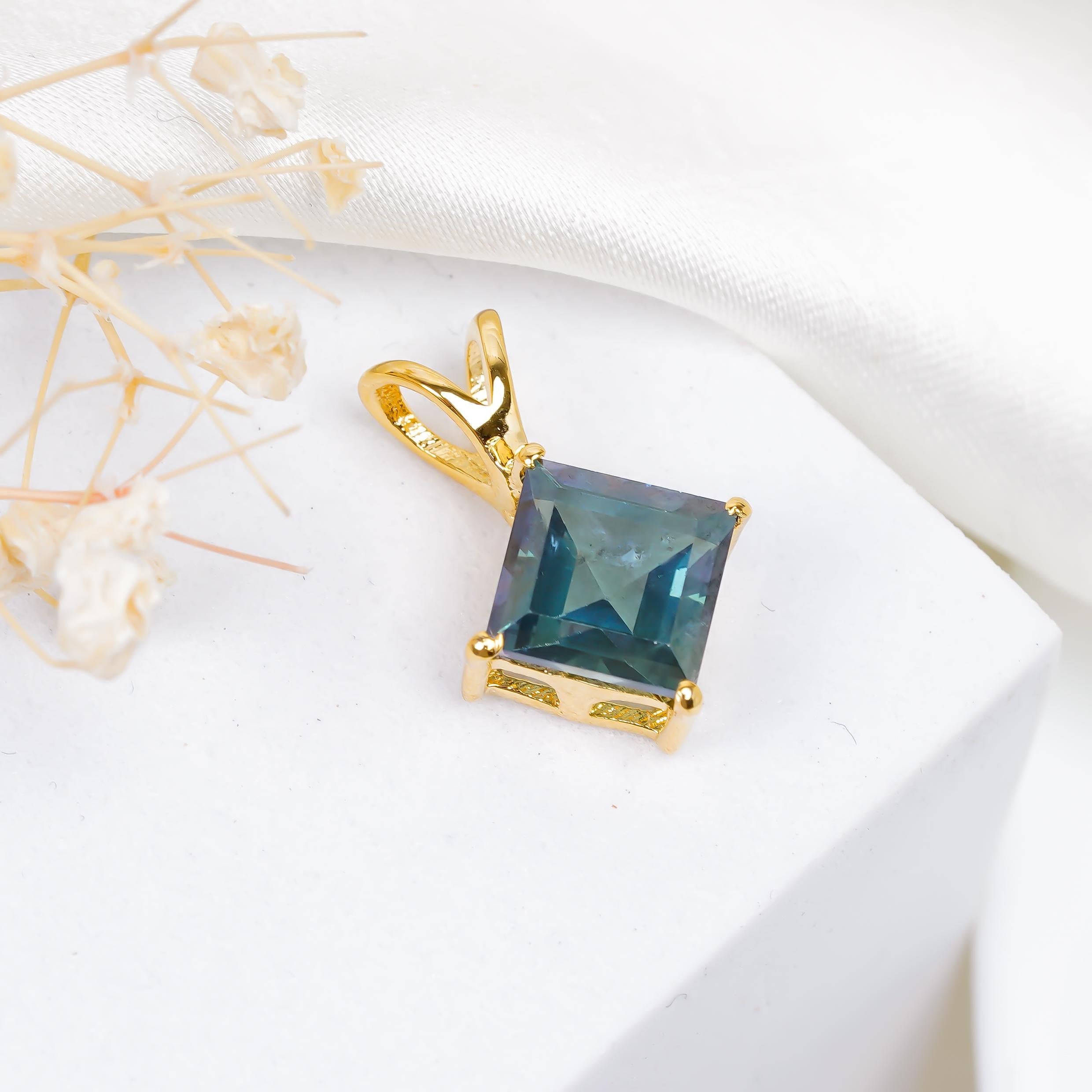 London Blue Topaz Pendant: 925 Solid Yellow Gold, December Birthstone