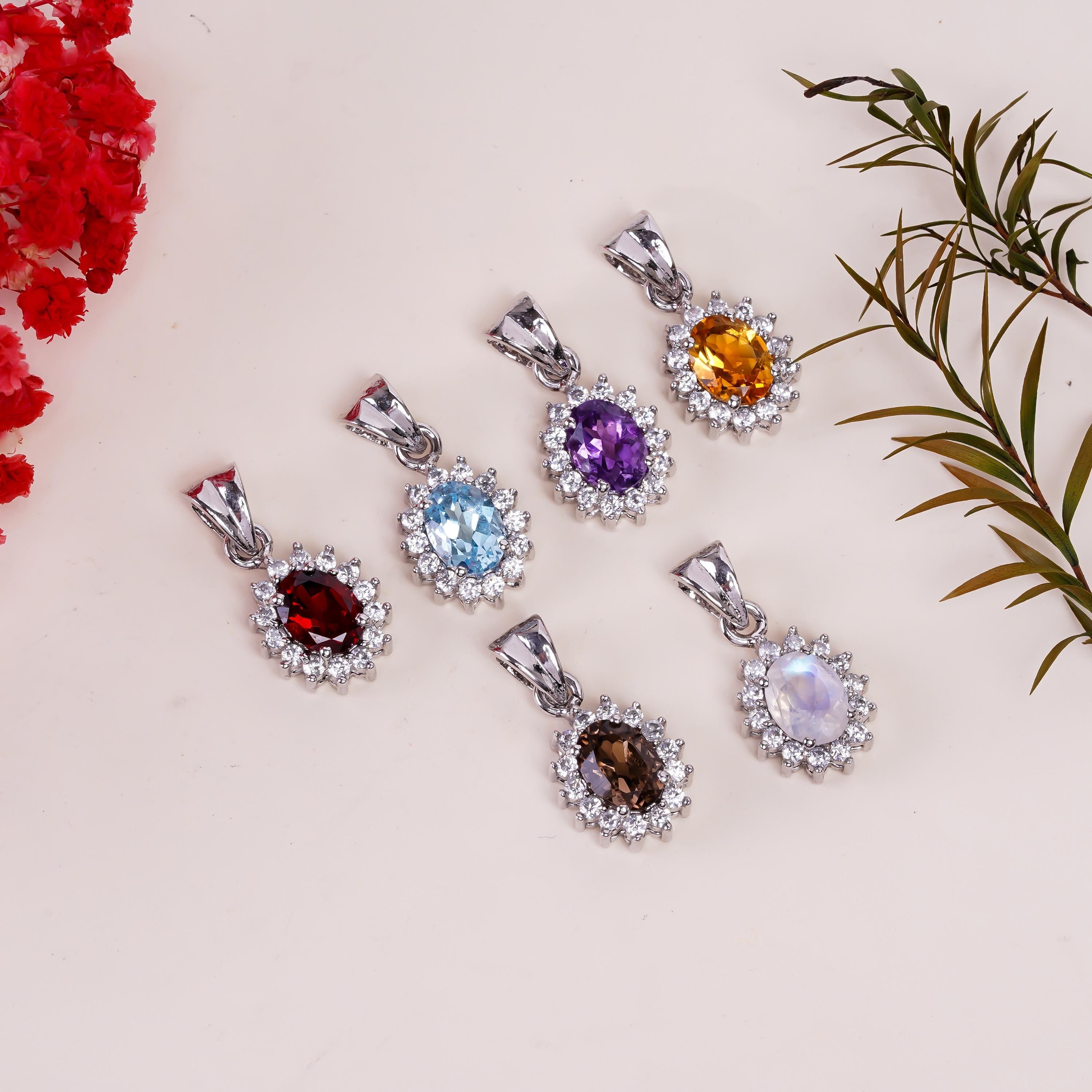 Sterling Silver Gemstone Pendant: Handmade Amethyst, Citrine, Garnet (6x8mm)