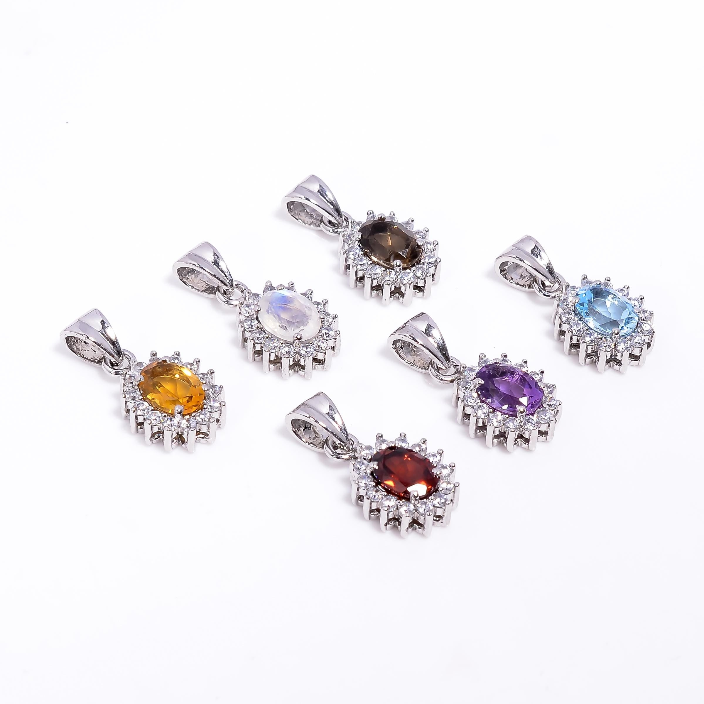 Sterling Silver Gemstone Pendant: Handmade Amethyst, Citrine, Garnet (6x8mm)