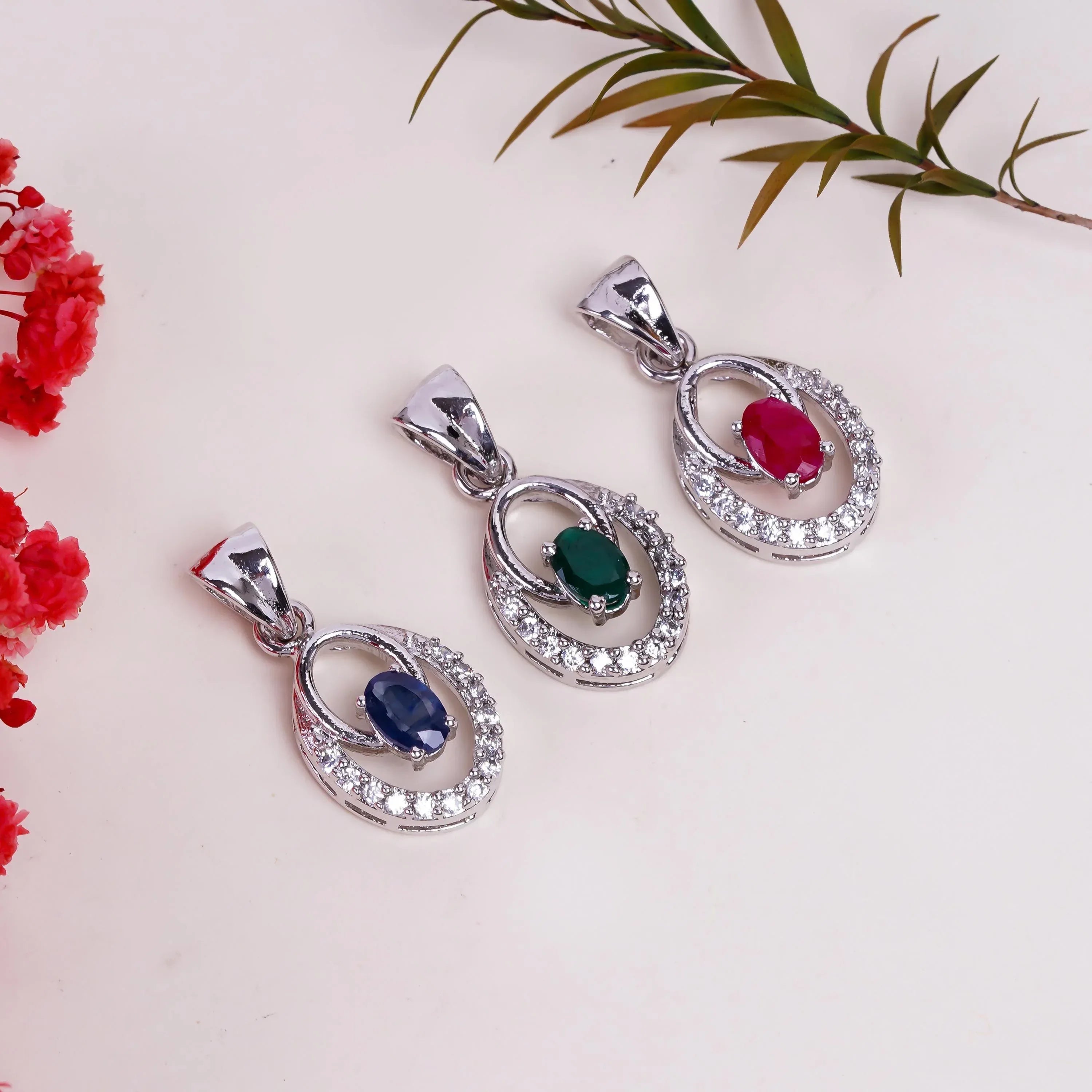 Handmade 925 Sterling Silver Gemstone Pendant: Oval Ruby, Emerald, Sapphire