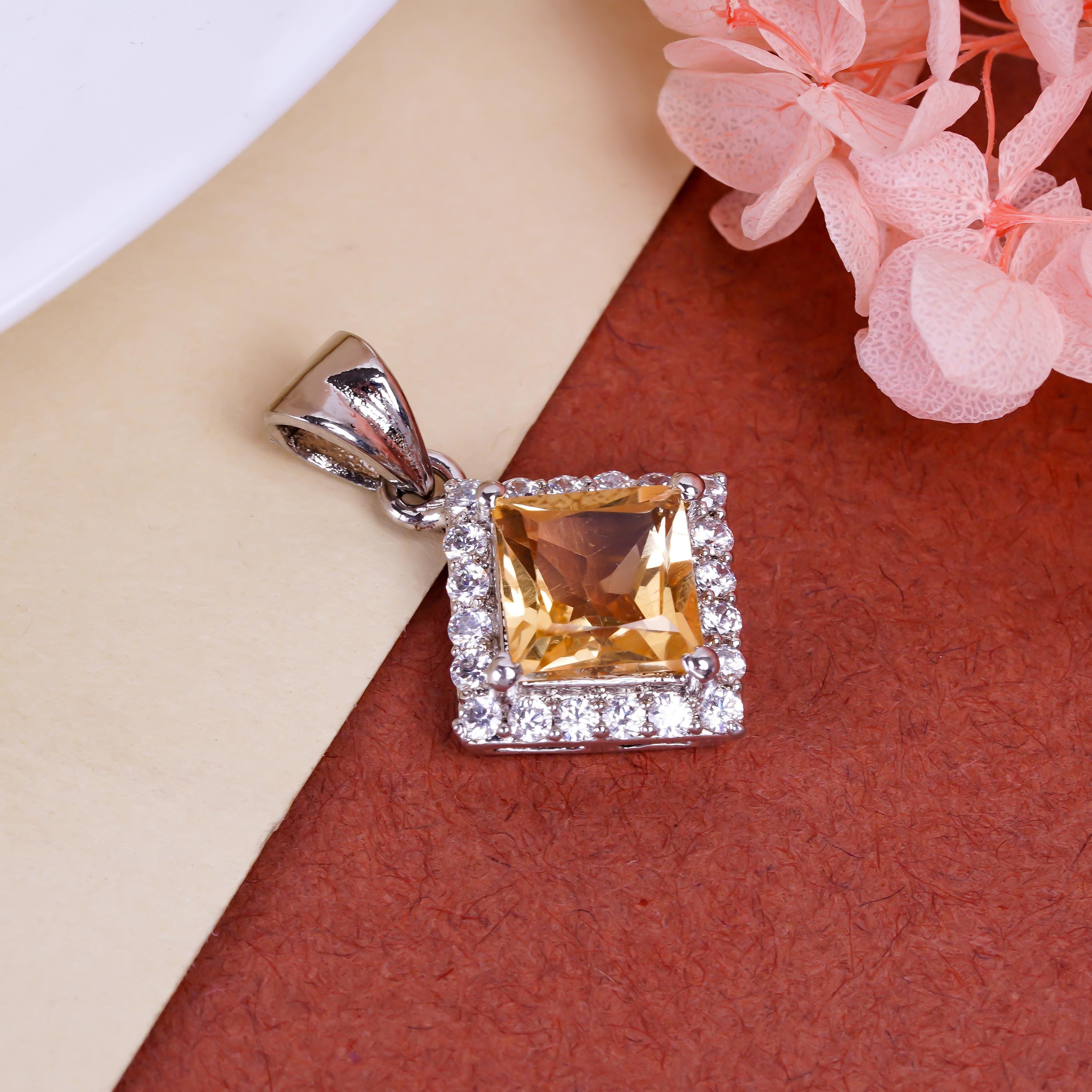 Handmade 925 Sterling Silver Citrine Square Pendant - Elegant Fine Jewelry