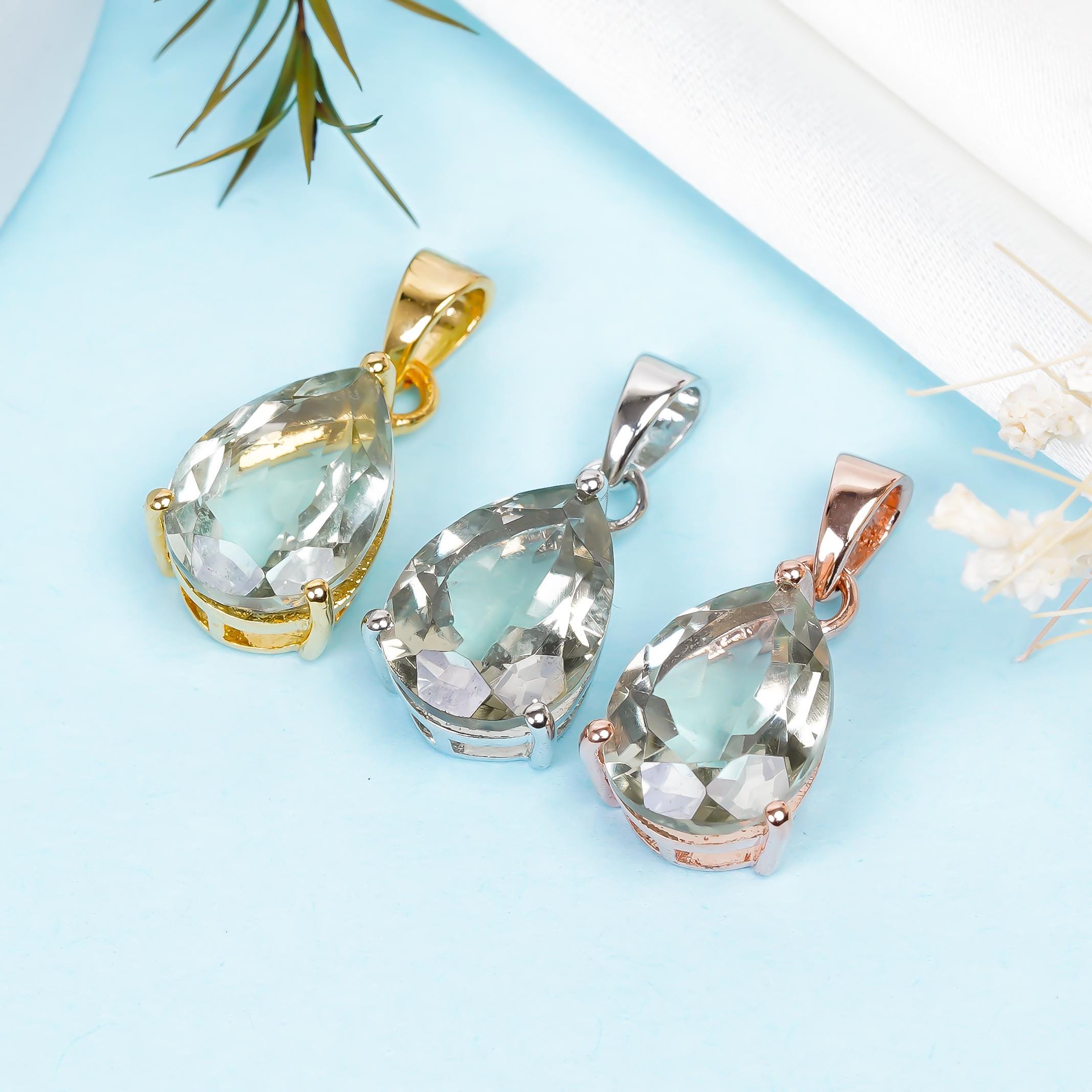 Green Amethyst Pendant: 925 Sterling Silver Pear Prasiolite Jewelry