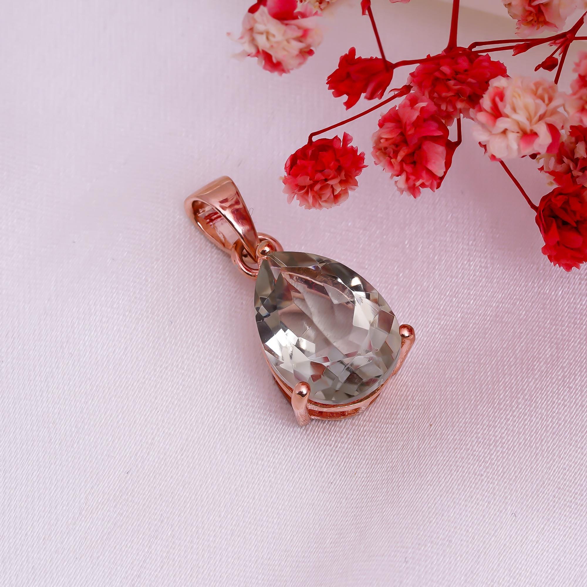 Green Amethyst Pendant: 925 Sterling Silver Pear Prasiolite Jewelry
