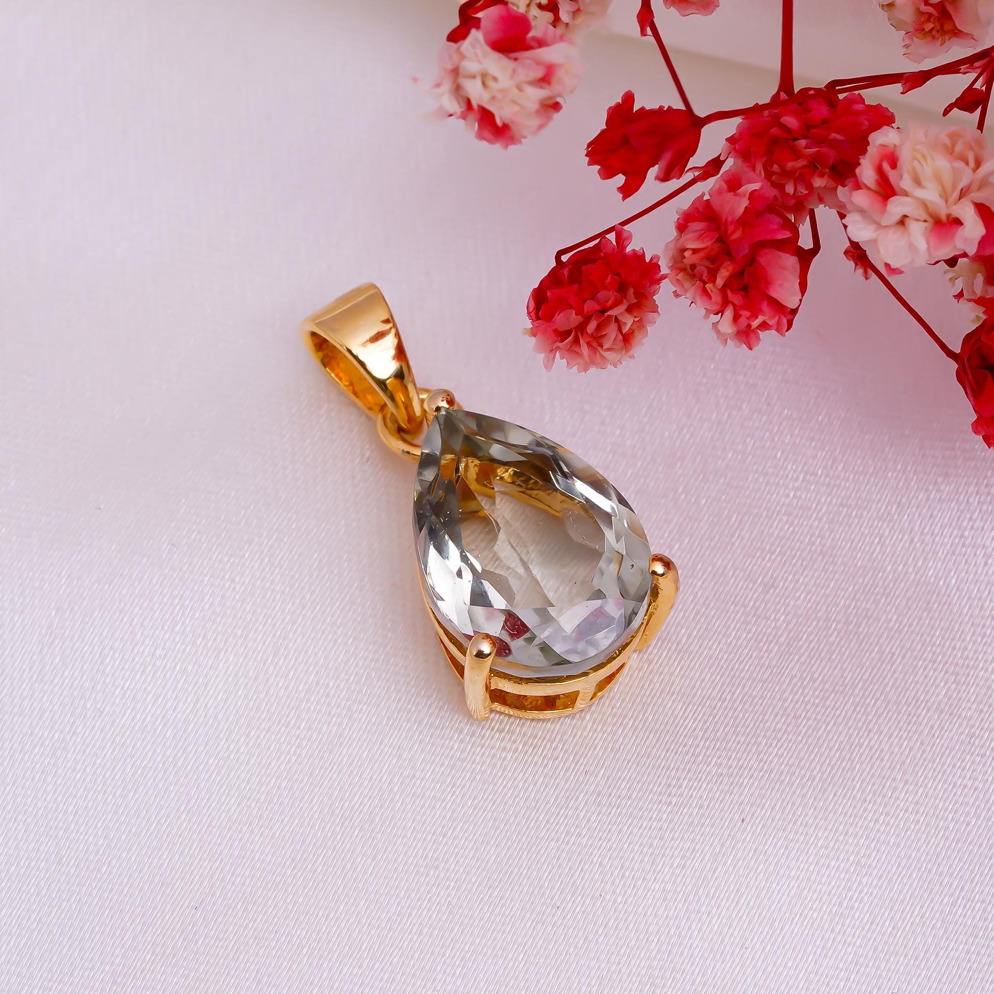 Green Amethyst Pendant: 925 Sterling Silver Pear Prasiolite Jewelry