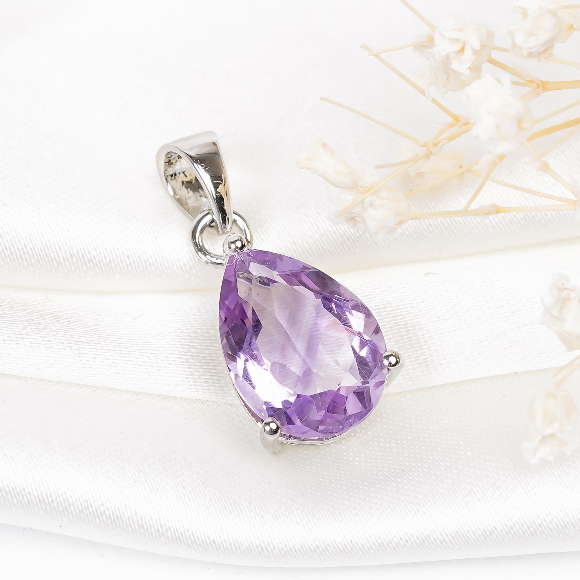 Pink Amethyst Pendant: 925 Sterling Silver Pear, February Birthstone