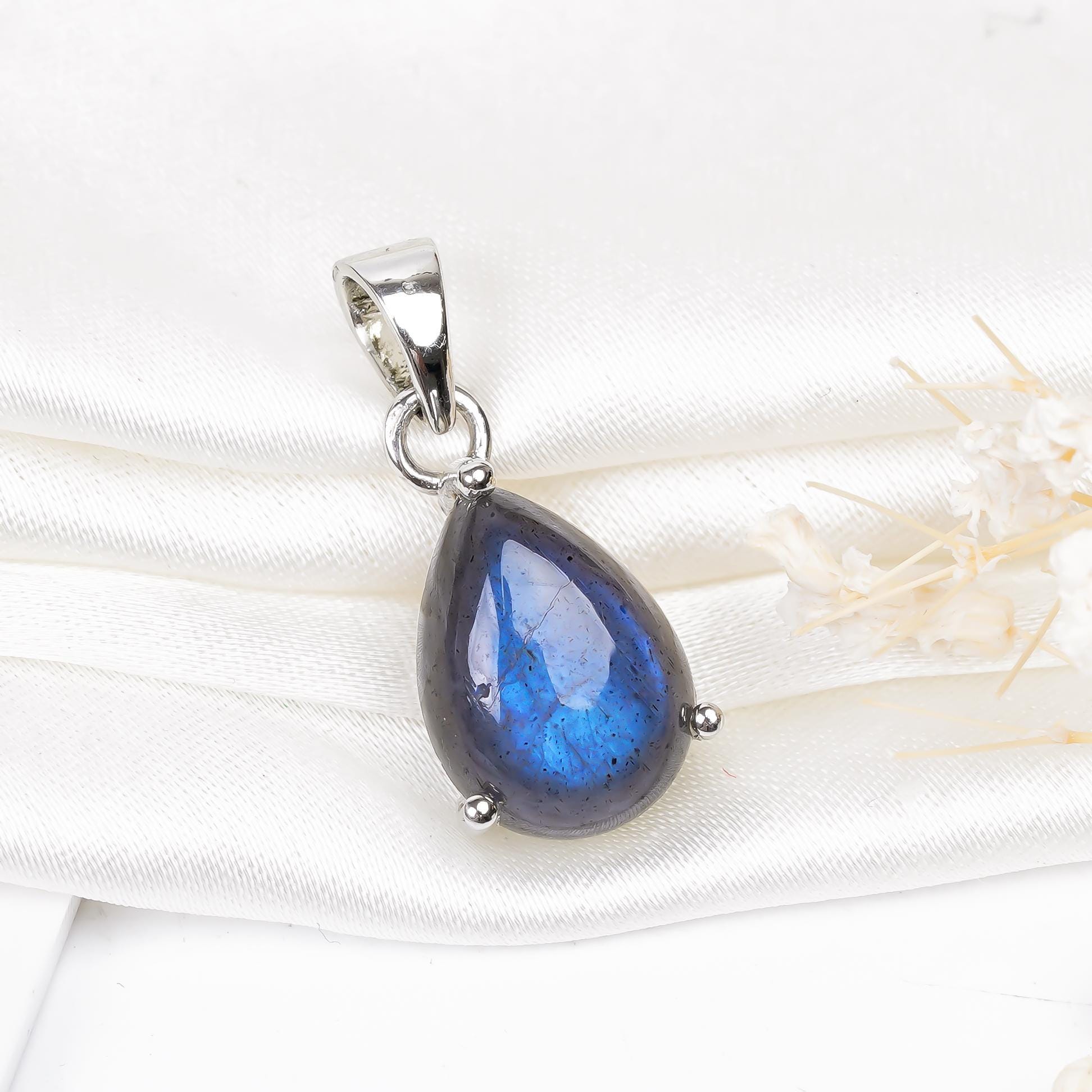 Blue Fire Labradorite Pendant: 925 Sterling Silver Pear Jewelry