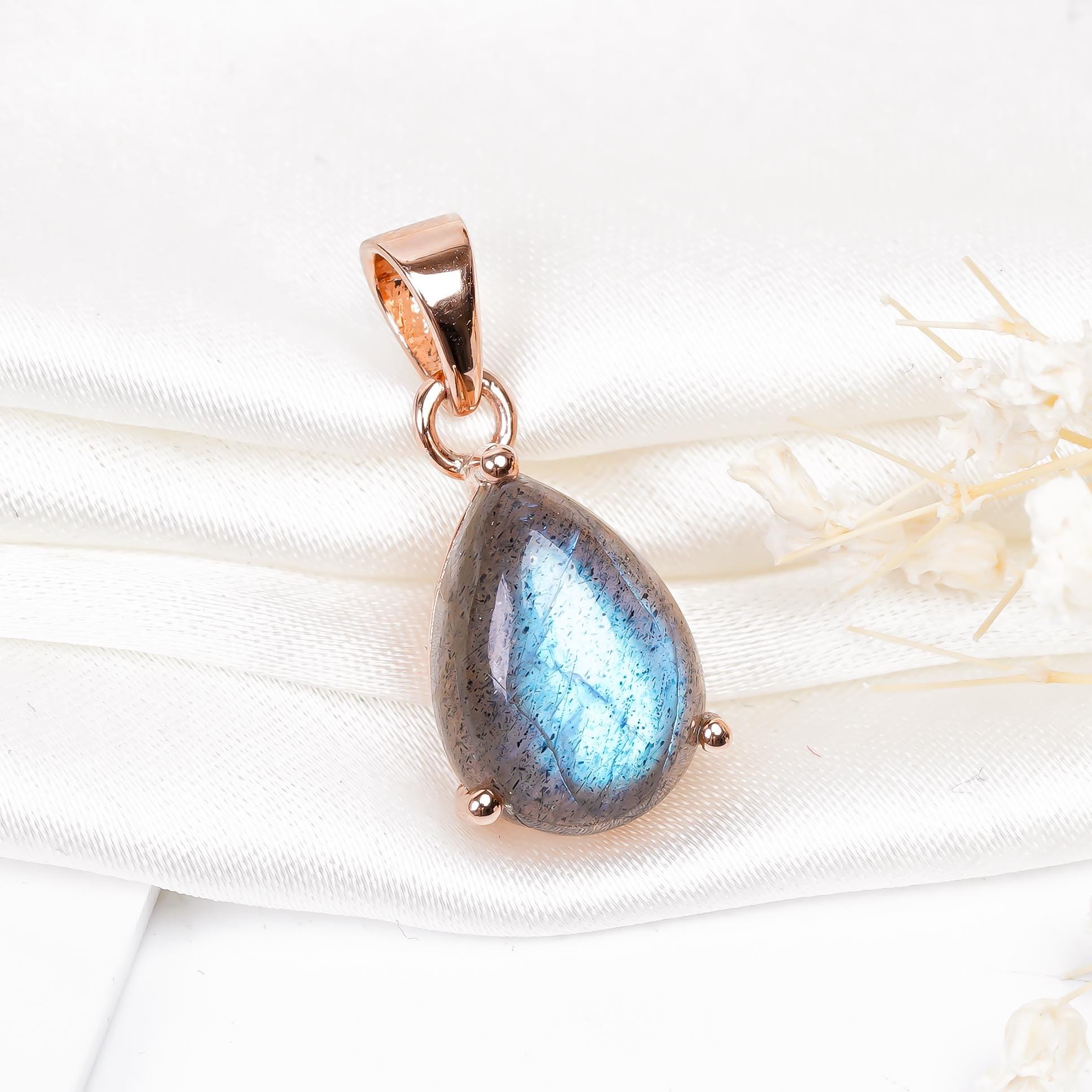 Blue Fire Labradorite Pendant: 925 Sterling Silver Pear Jewelry