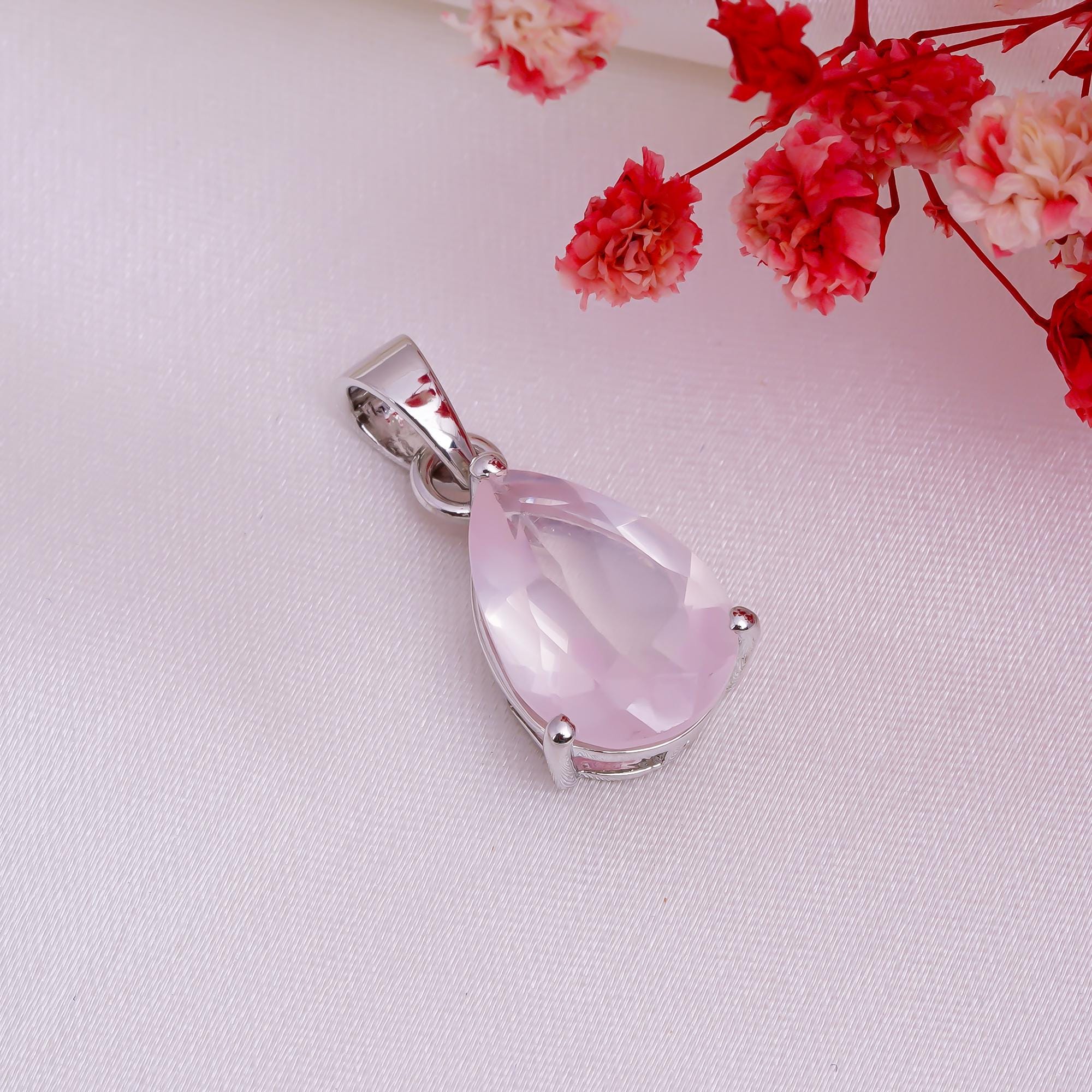 Handmade 925 Sterling Silver Rose Quartz Pear Pendant: Fine Jewelry