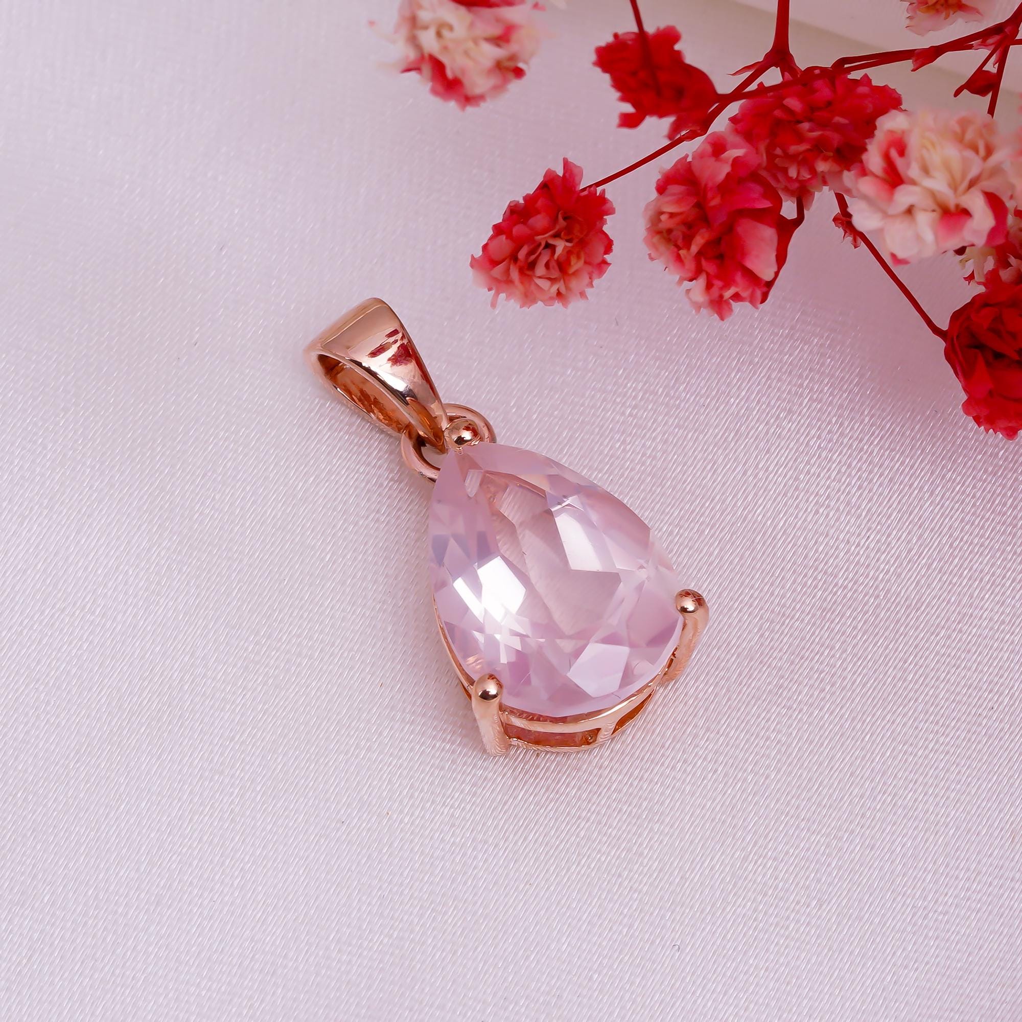 Handmade 925 Sterling Silver Rose Quartz Pear Pendant: Fine Jewelry