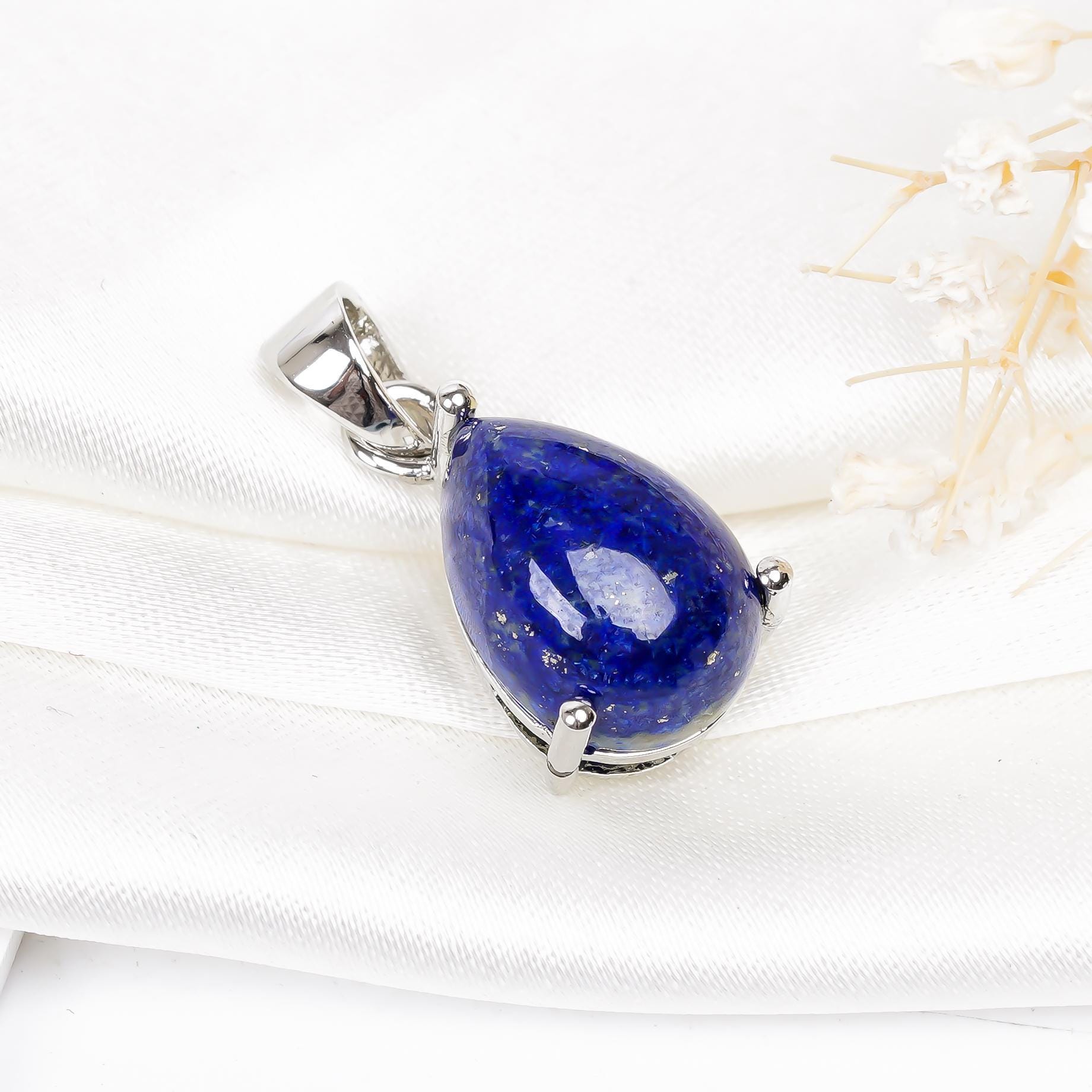 Handmade Pear Lapis Lazuli Pendant: Sterling Silver September Birthstone