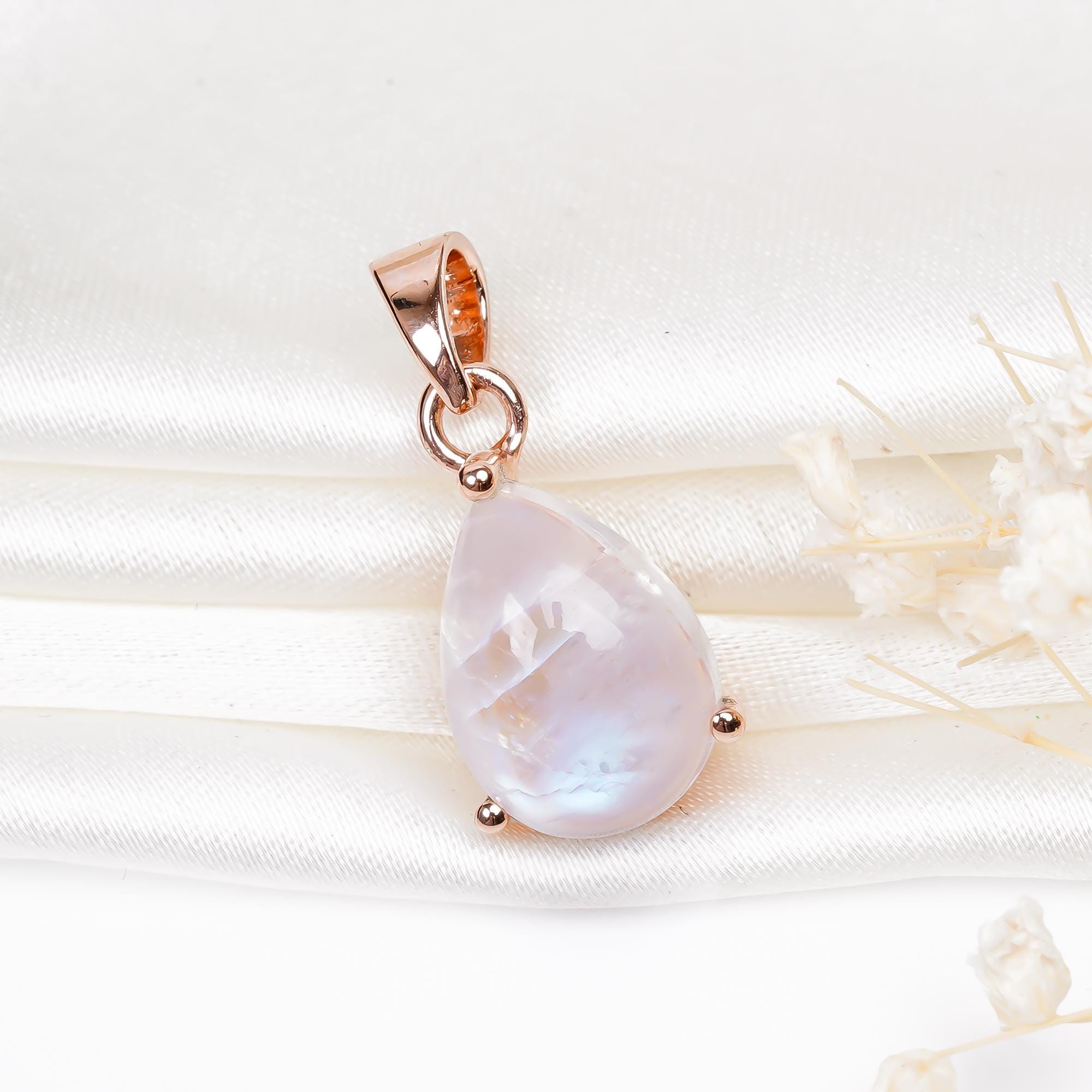 Rainbow Moonstone Teardrop Pendant: 925 Silver Handmade Jewelry
