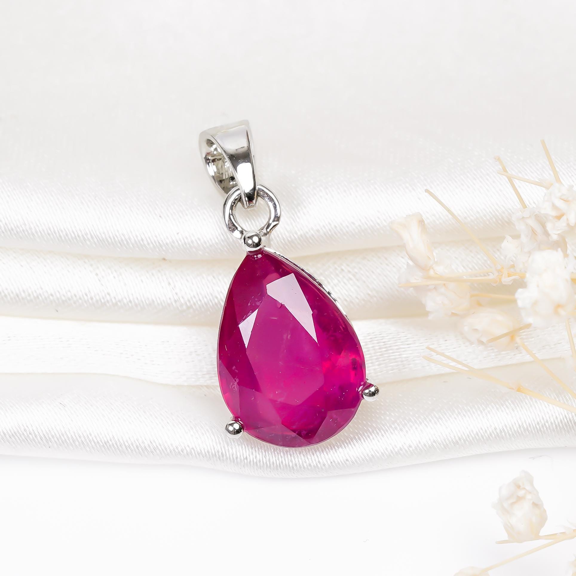 Ruby Pear Pendant: 925 Sterling Silver, July Birthstone