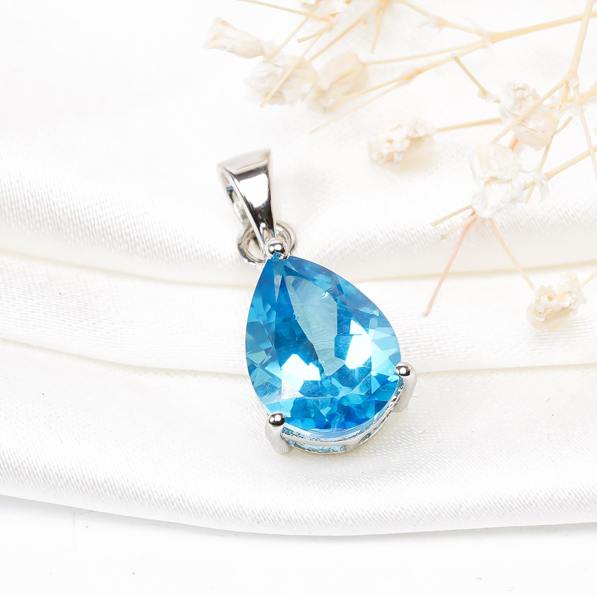 Handmade Royal Blue Topaz Pendant: 925 Silver Pear Jewelry