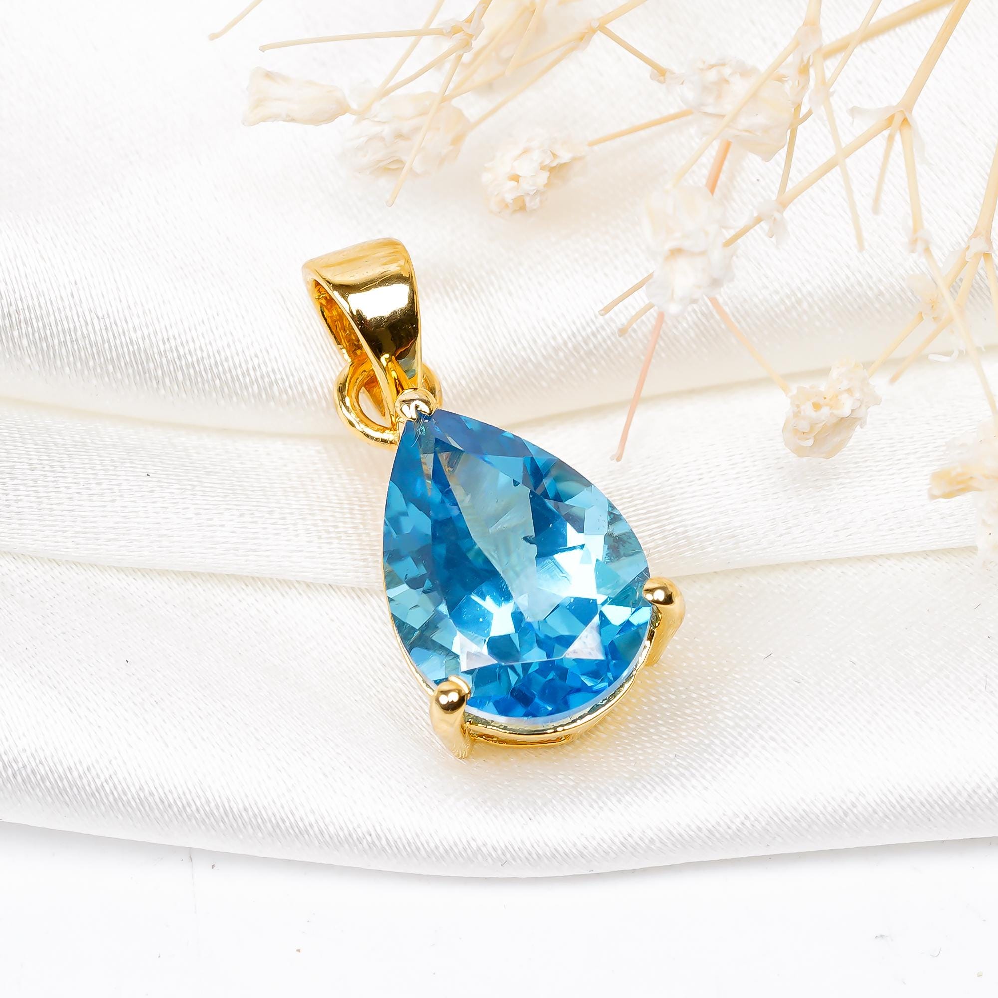 Handmade Royal Blue Topaz Pendant: 925 Silver Pear Jewelry