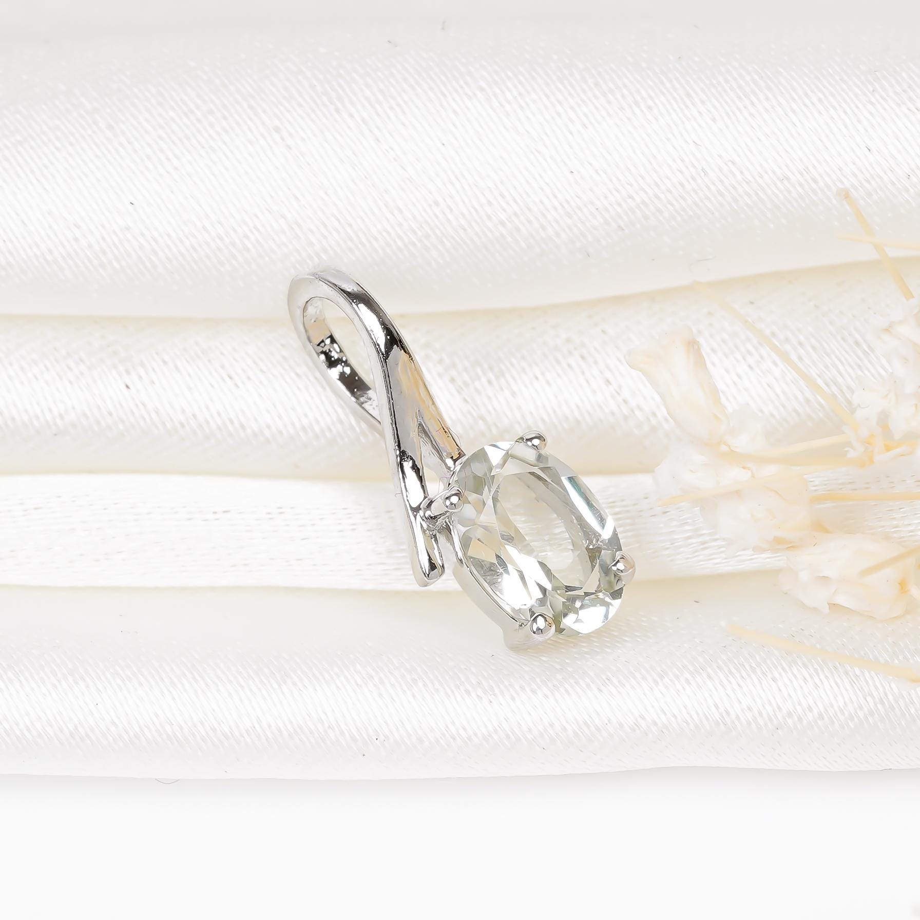 Green Amethyst Pendant: Handmade 925 Sterling Silver Oval Gemstone