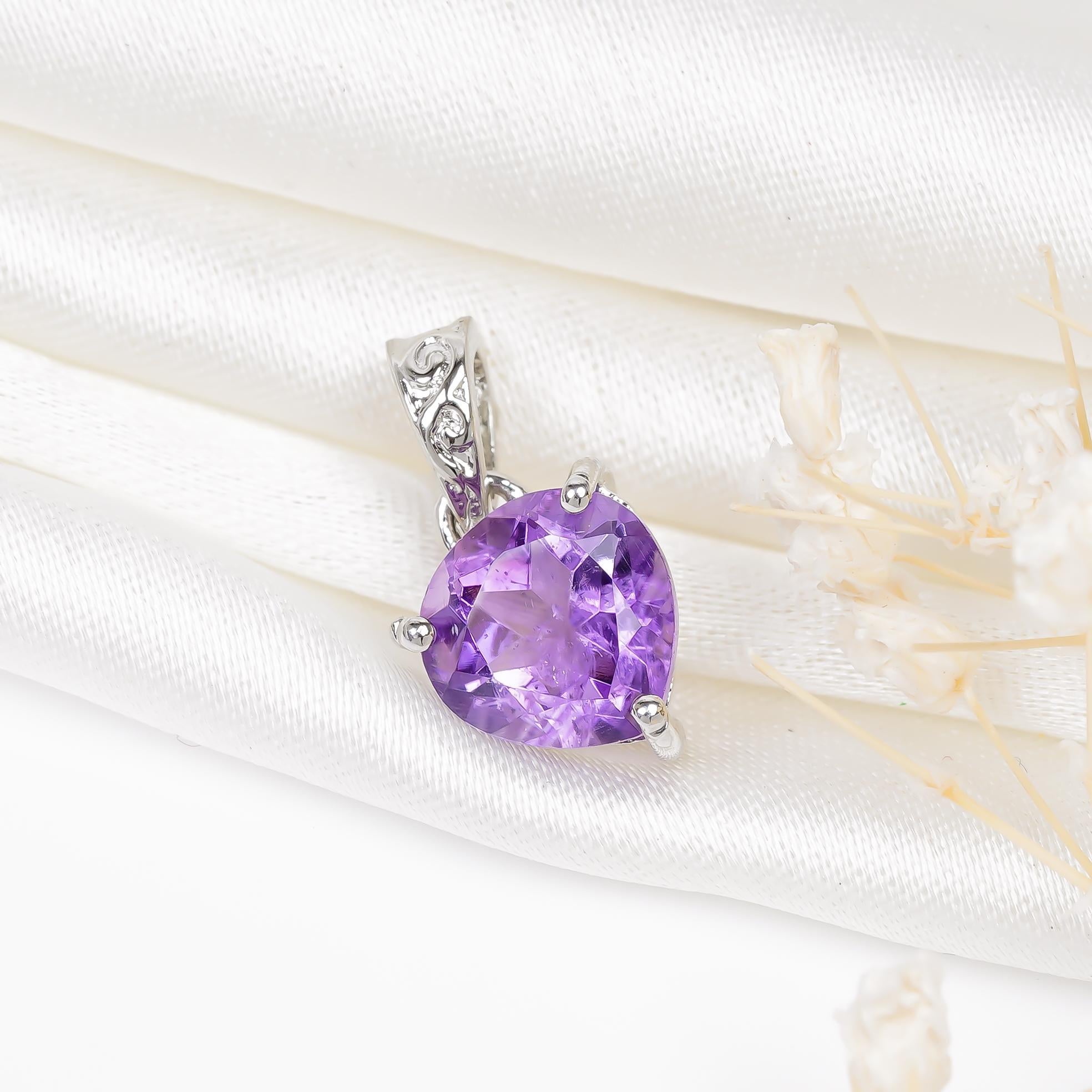Amethyst Heart Pendant: 925 Sterling Silver, 8mm Gemstone