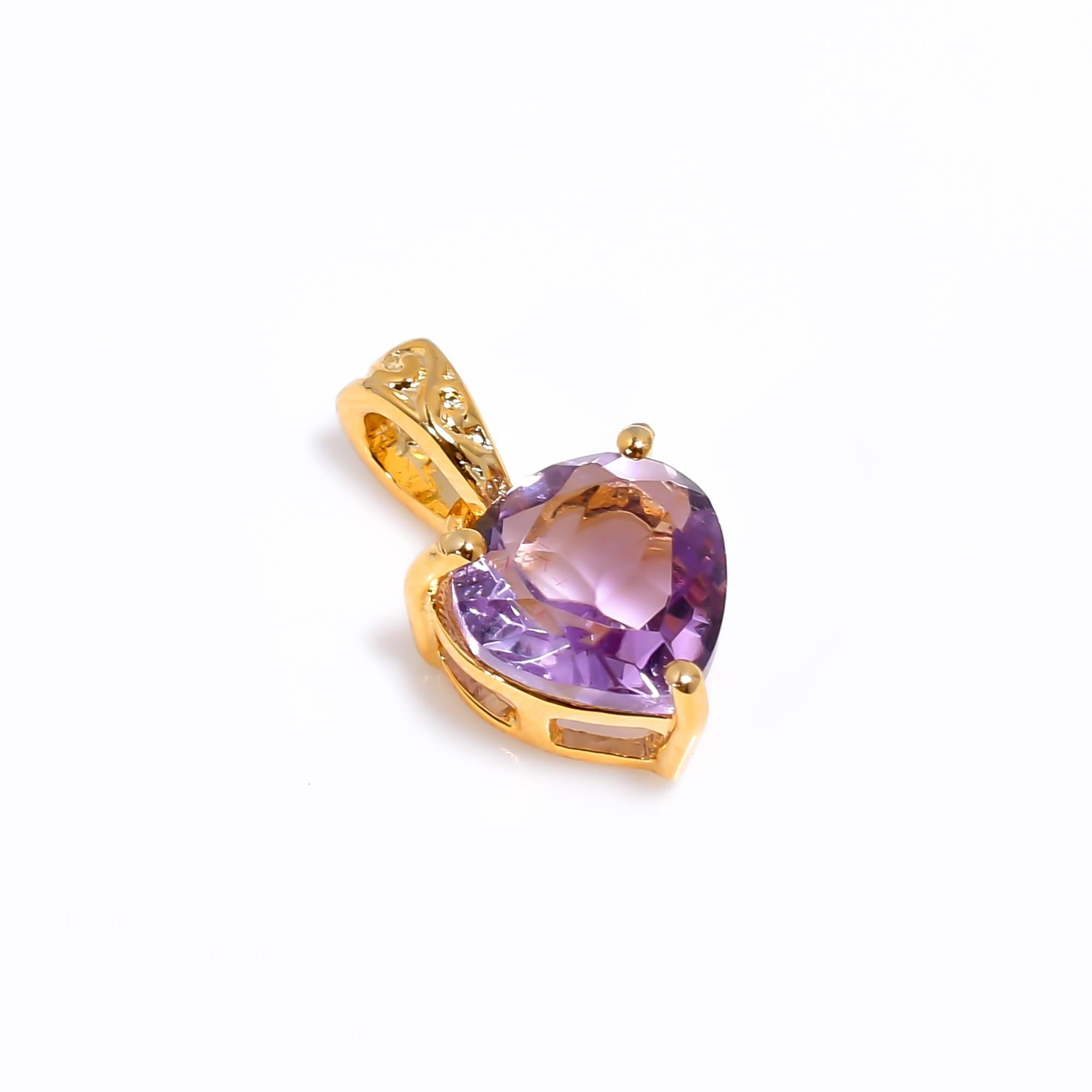 Pink Amethyst Heart Pendant: 925 Sterling Silver, Gold Plated