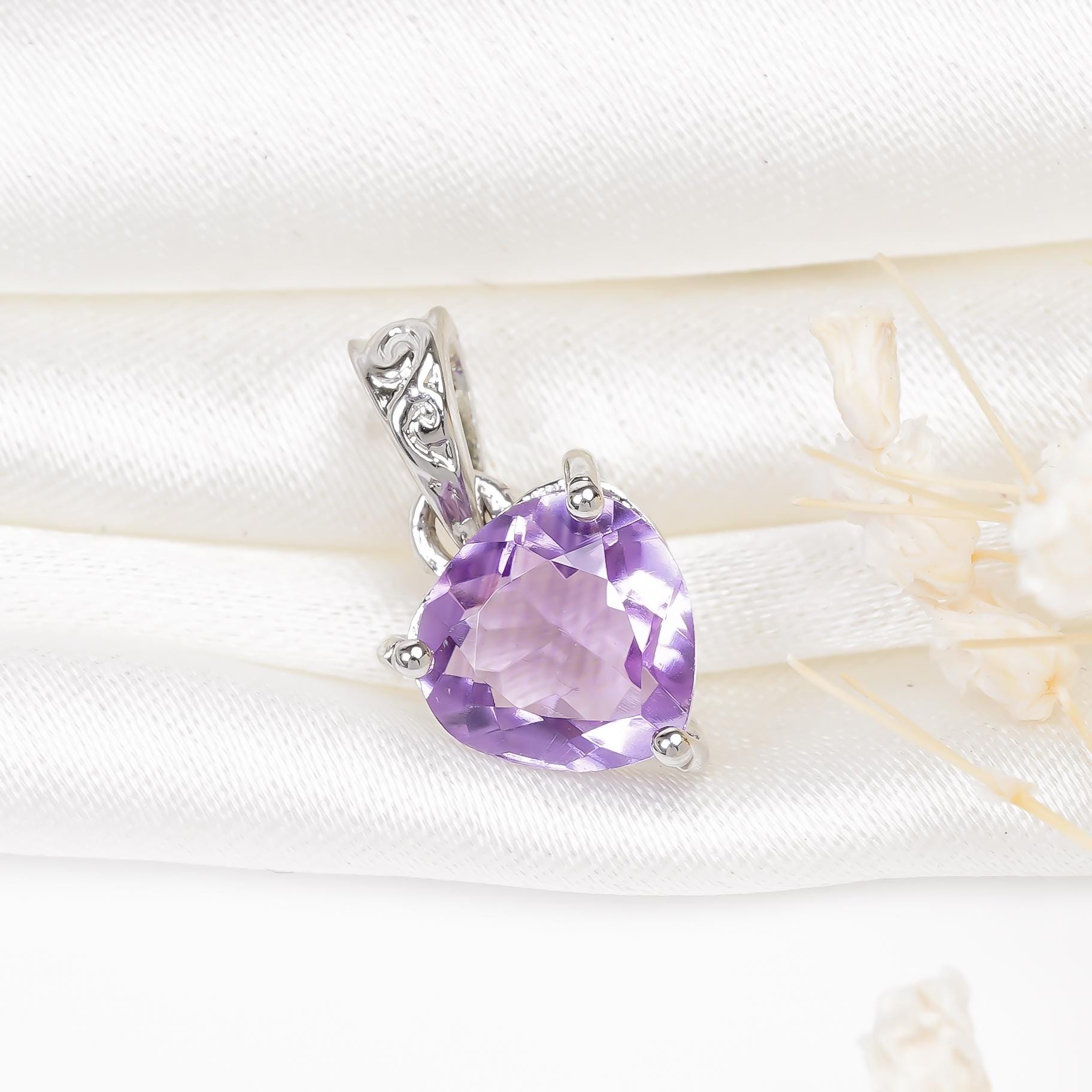 Pink Amethyst Heart Pendant: 925 Sterling Silver, Gold Plated