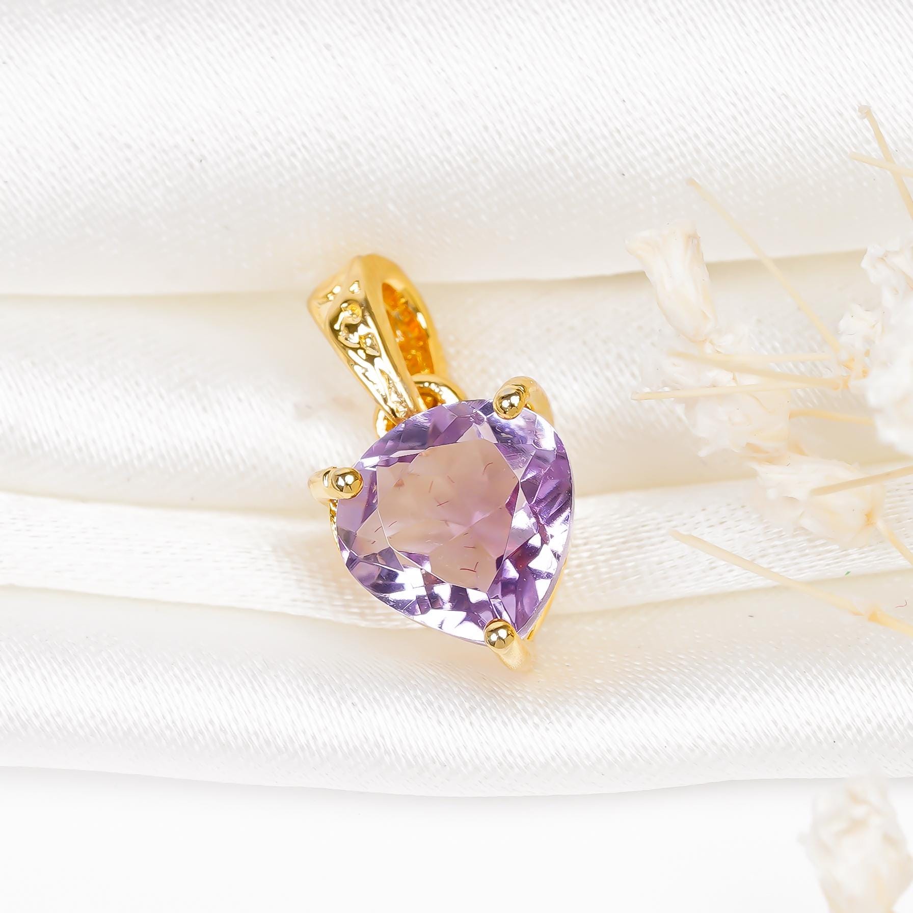 Pink Amethyst Heart Pendant: 925 Sterling Silver, Gold Plated