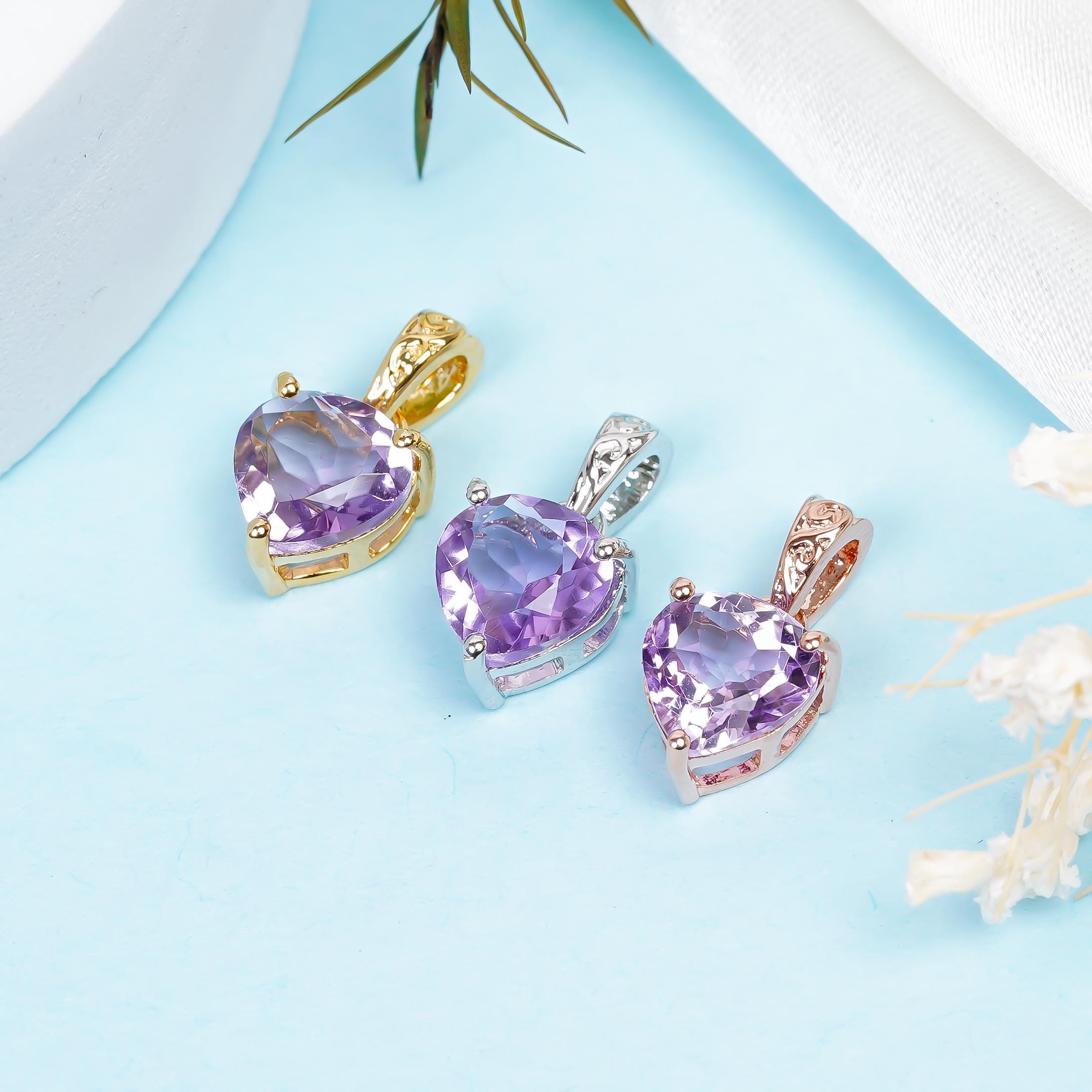 Pink Amethyst Heart Pendant: 925 Sterling Silver, Gold Plated